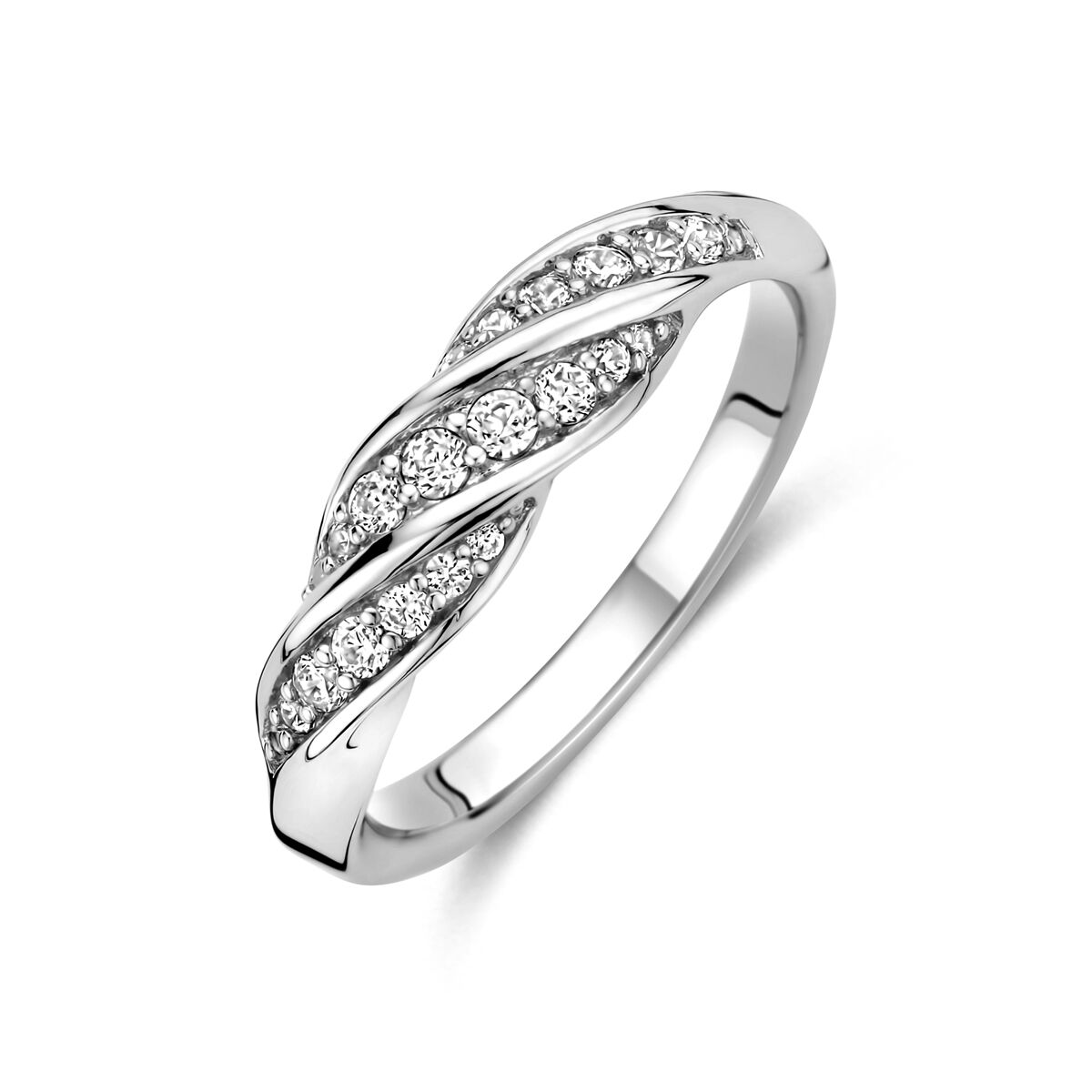 Gerhodineerd 925 zilveren ring met zirkonia. De ring heeft een breedte van 5mm.