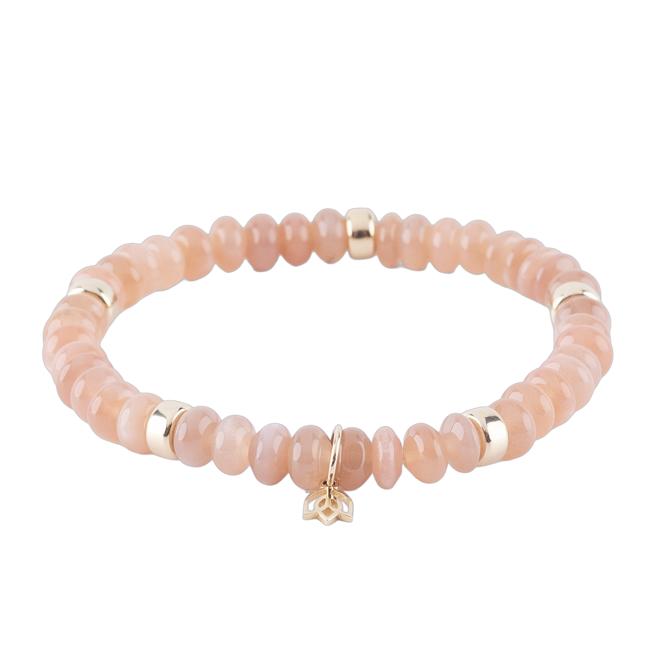 Y&G Edelsteen armband met maansteen
Edelstenen armband (6x4mm kralen) en Vijf 14 krt gouden beads & tulp logo.