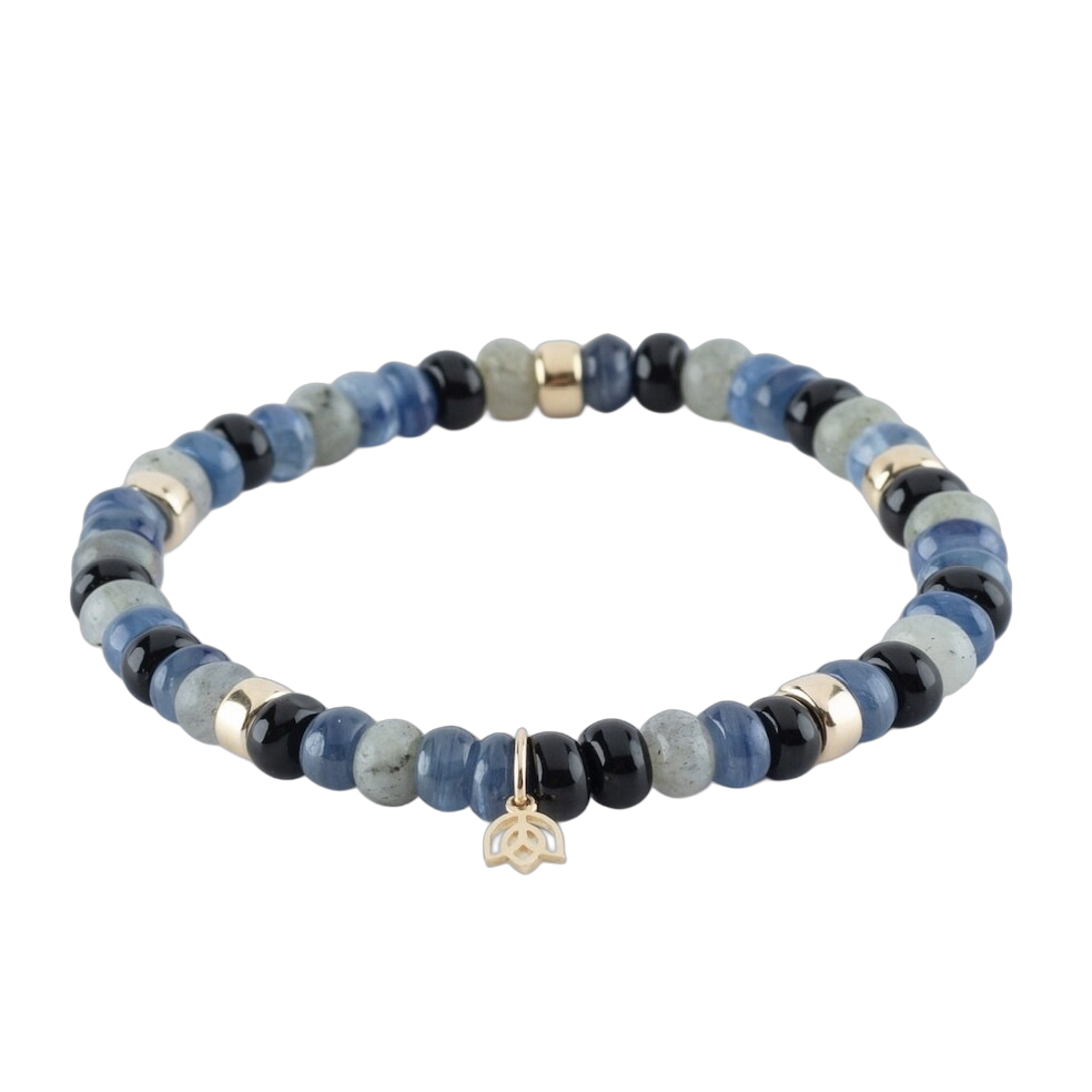 Y&G Edelsteen armband met kyaniet, amazoniet en labradoriet
Edelstenen armband (6x4mm kralen) en Vijf 14 krt gouden beads & tulp logo.