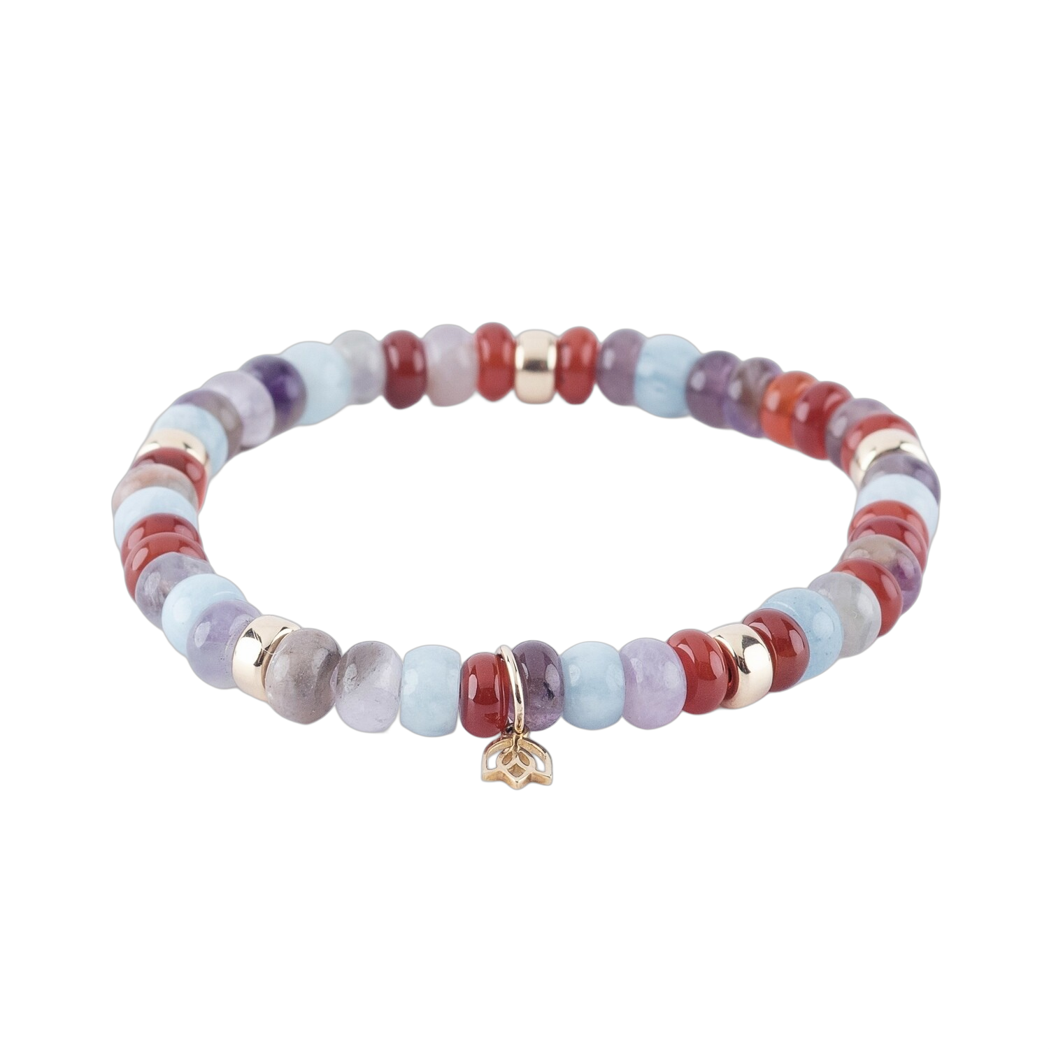 Y&G Edelsteen armband met carneool, ametist en imperial topaas
Edelstenen armband (6x4mm kralen) en Vijf 14 krt gouden beads & tulp logo.