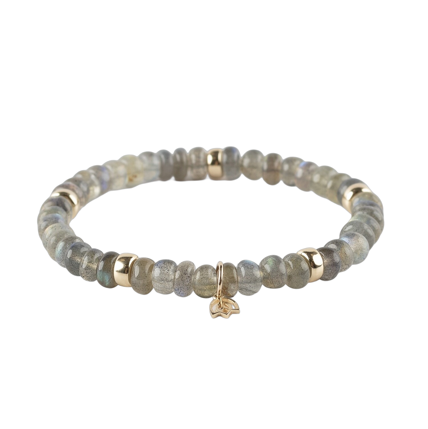 Y&G Edelsteen armband met labradoriet
Edelstenen armband (6x4mm kralen) en Vijf 14 krt gouden beads & tulp logo.