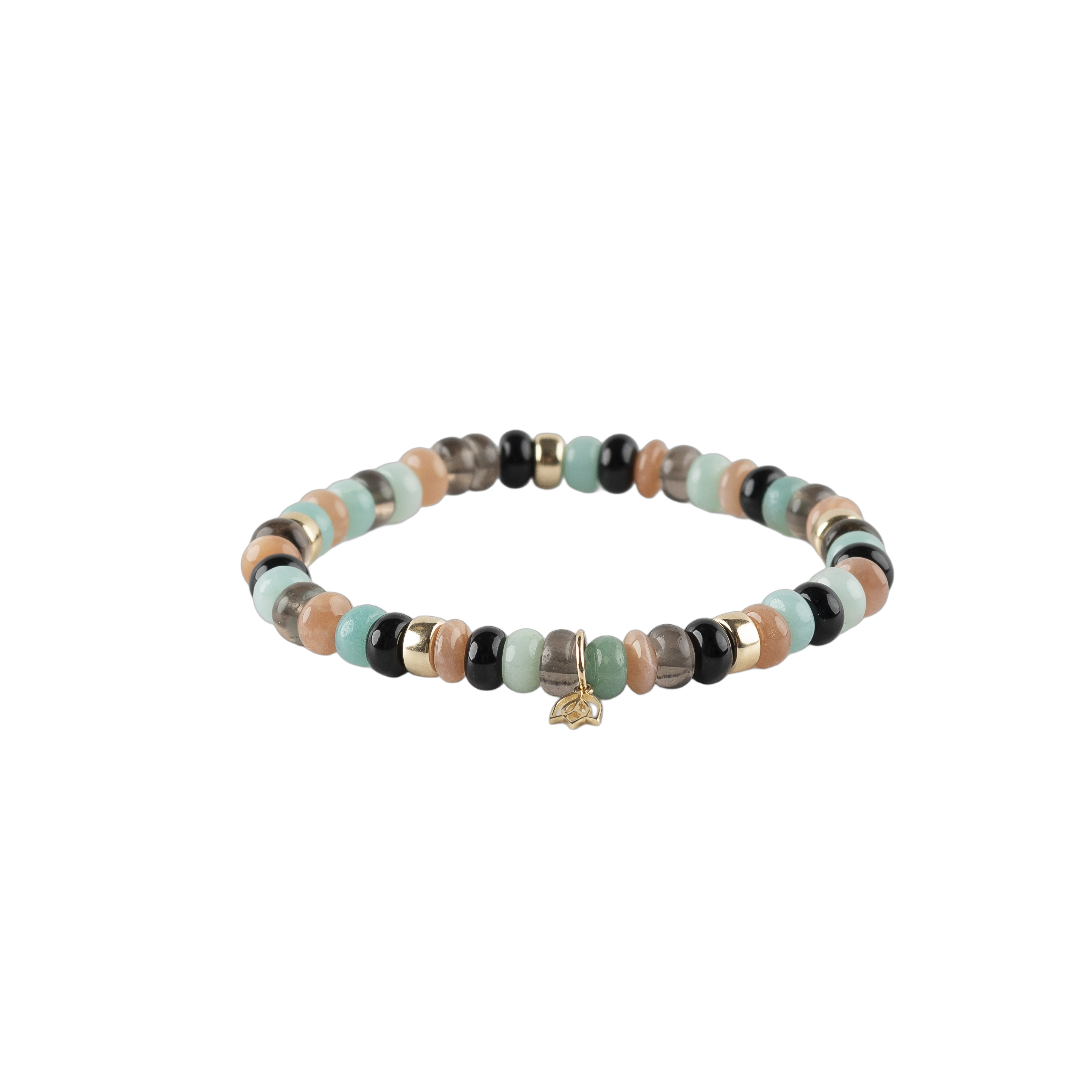 Y&G Edelsteen armband met maansteen, onyx, amozonite en tea kwarts.
Edelstenen armband (6x4mm kralen) en Vijf 14 krt gouden beads & tulp logo.