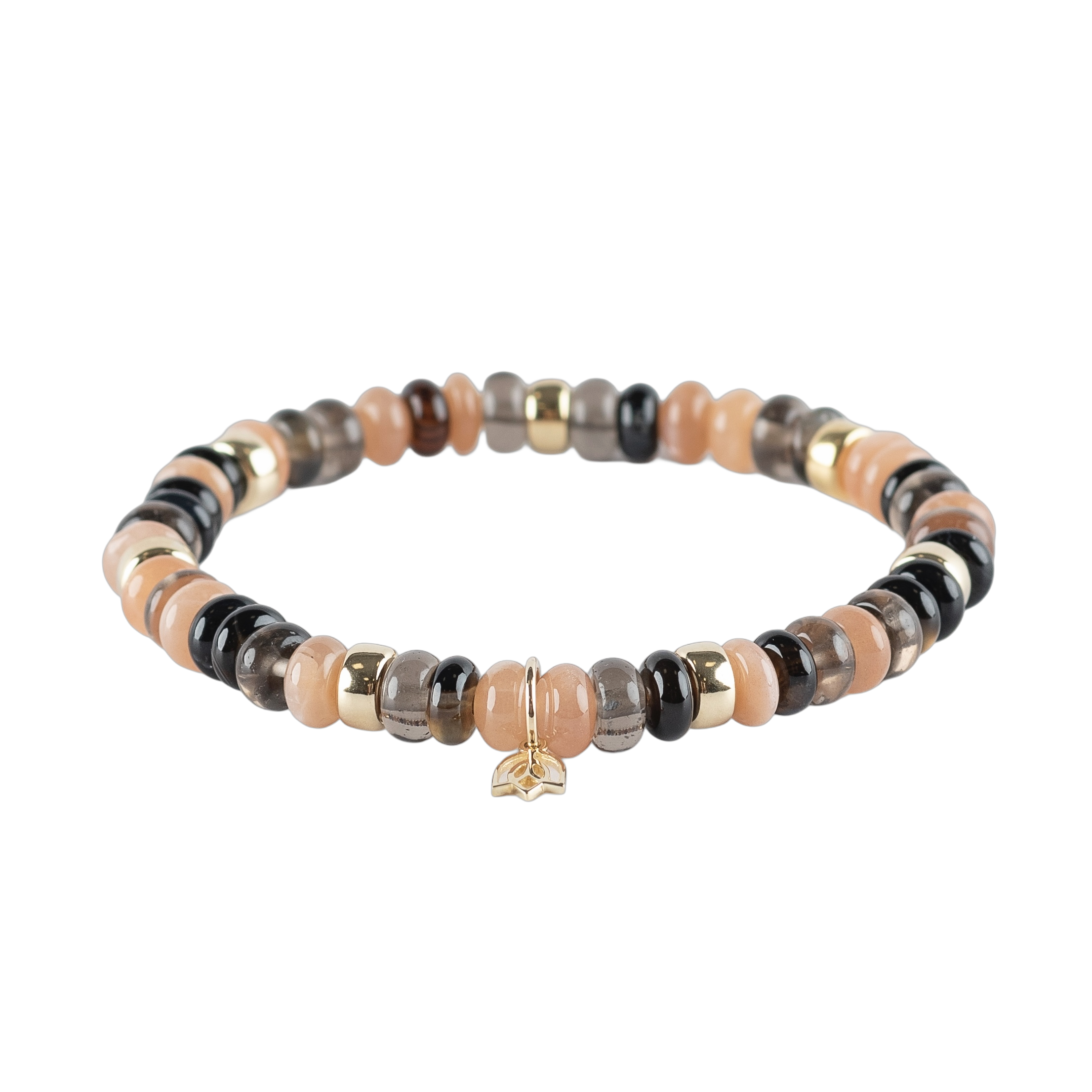 Y&G Edelsteen armband met smokey quarts, tea quarts en maansteen, model Chic
Edelstenen armband (6x4mm kralen) en Vijf 14 krt gouden beads & tulp logo.