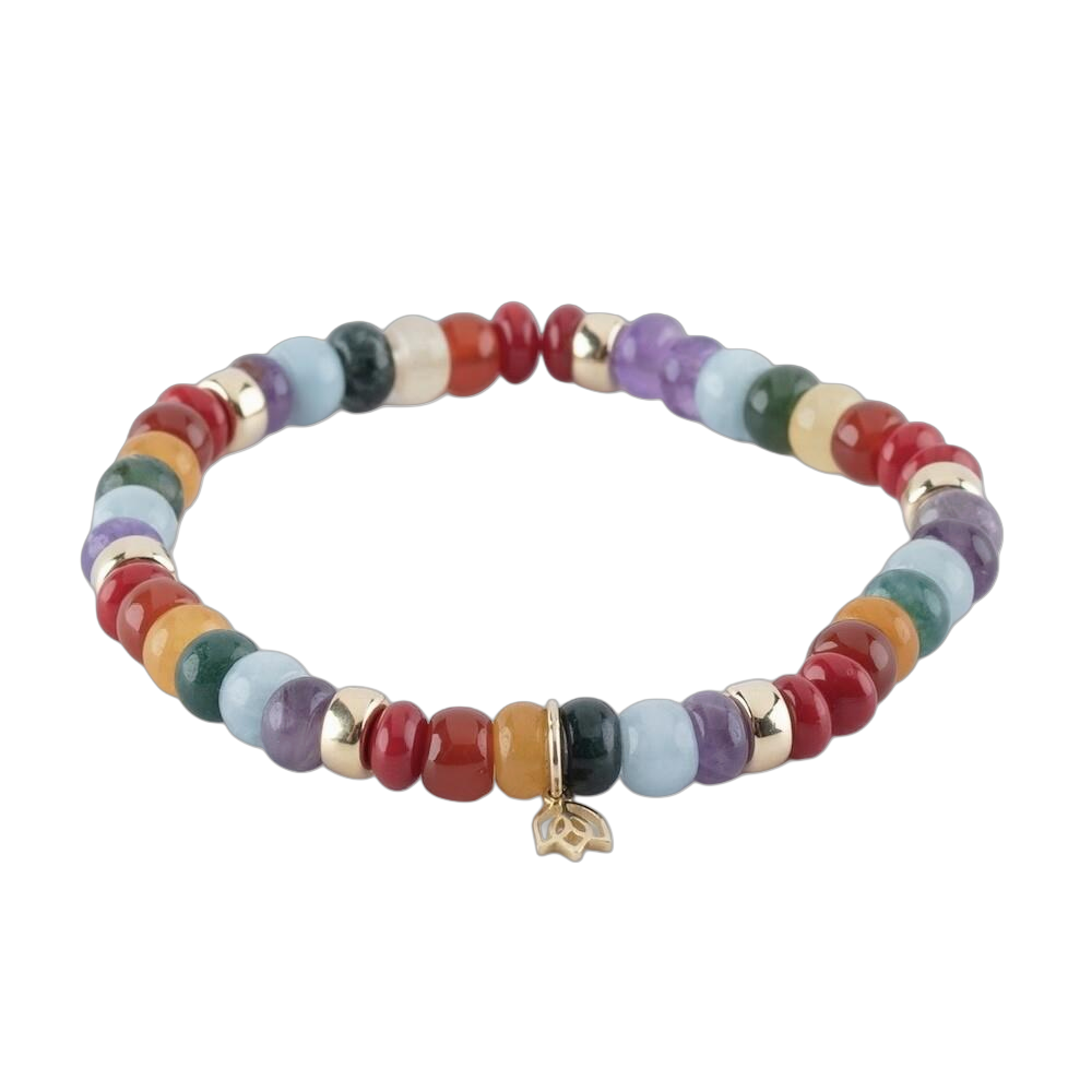 Y&G Edelsteen armband met rood koraal, carnelian, citrine, ametist, aquamarijn en moss agaat. Edelstenen armband (6x4mm kralen) en Vijf 14 krt gouden beads & tulp logo.