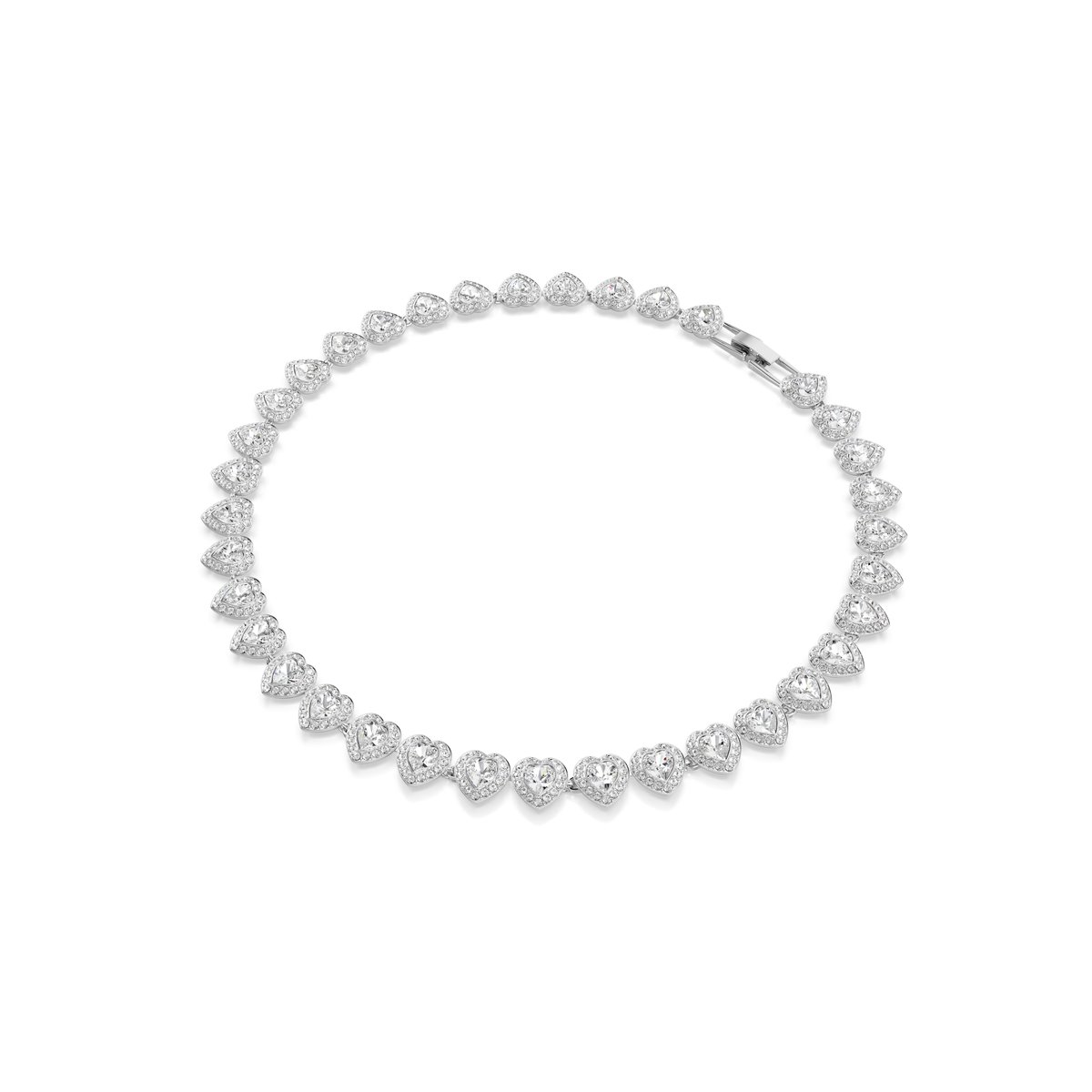 Shining a light on love, this Swarovski necklace is romantic as well as radiant. The rhodium plated design features a full circle of heart-shaped crystals, each surrounded by a glittering halo of clear pavé. Pair this necklace with other matching jewelry to create your own expressive combinations.