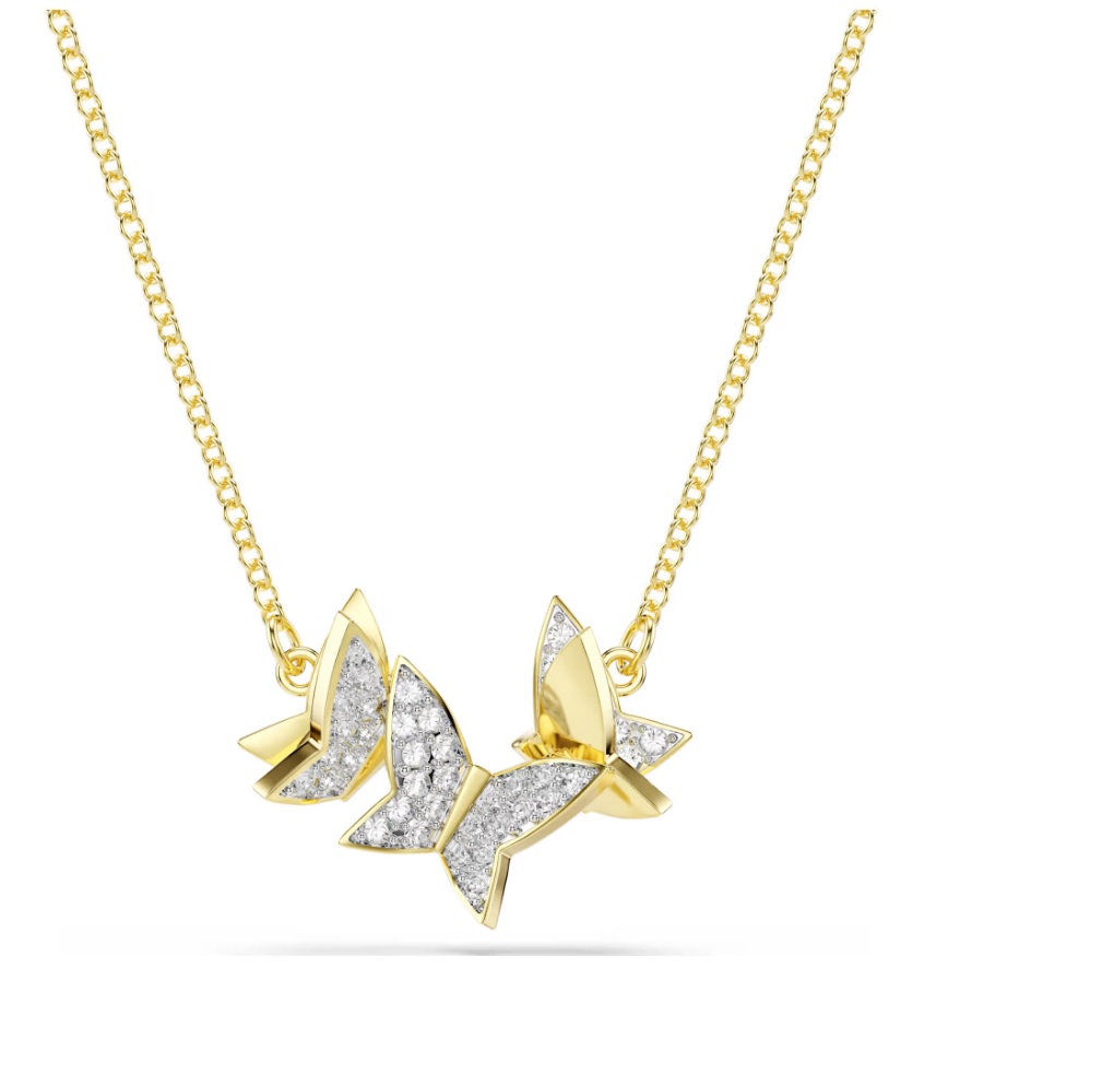 Deze verfijnde ketting is een elegante keuze voor elke dag en wordt gegarandeerd uw nieuwe favoriet. Het sieraad is voorzien van vlindermotieven in glinsterende pavé aan een ketting met goudkleurige toplaag. De perfecte aanvulling op witte T-Shirts, truien van kasjmier, denim of avondkleding: de mogelijkheden zijn eindeloos.