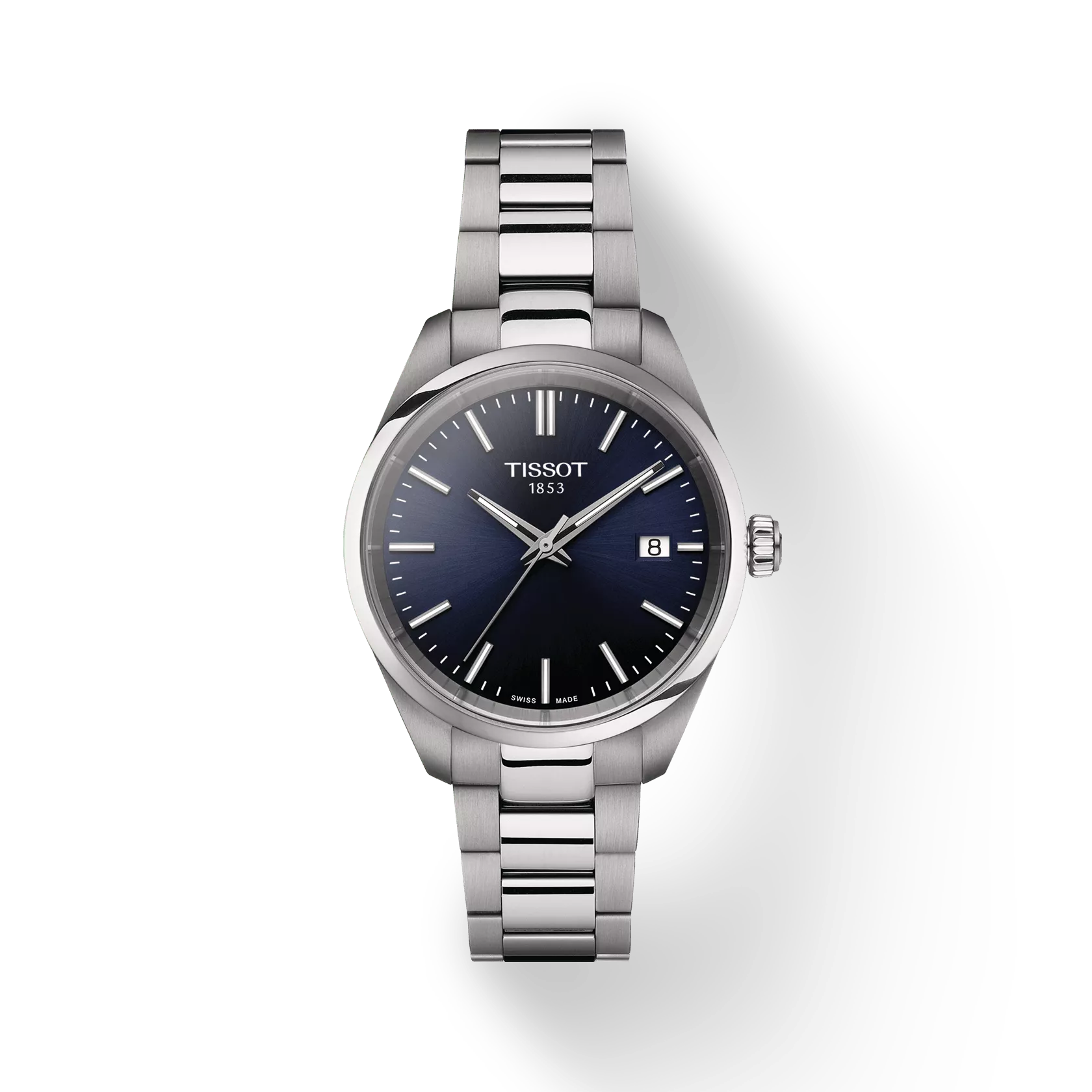 Tissot PR 100 met een blauwe wijzerplaat, een elegant dames/ heren horloge voor dagelijks gebruik. 