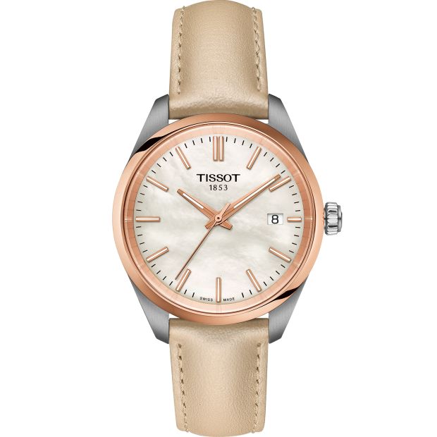 Tissot PR100 dameshorloge heeft een quartz-uurwerk dat geplaatst is in een edelstalen met PVD gekleurde kast. En een witte parelmoeren wijzerplaat en een beige lederen horlogeband met een doorn- / gespsluiting.

