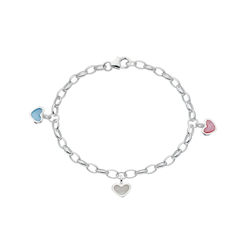 Meisjes armband van zilver met gekleurde hartjes.