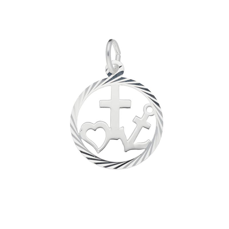 Zilver Gerhodineerde Hanger/Bedel Geloof, Hoop en Liefde met Rand
