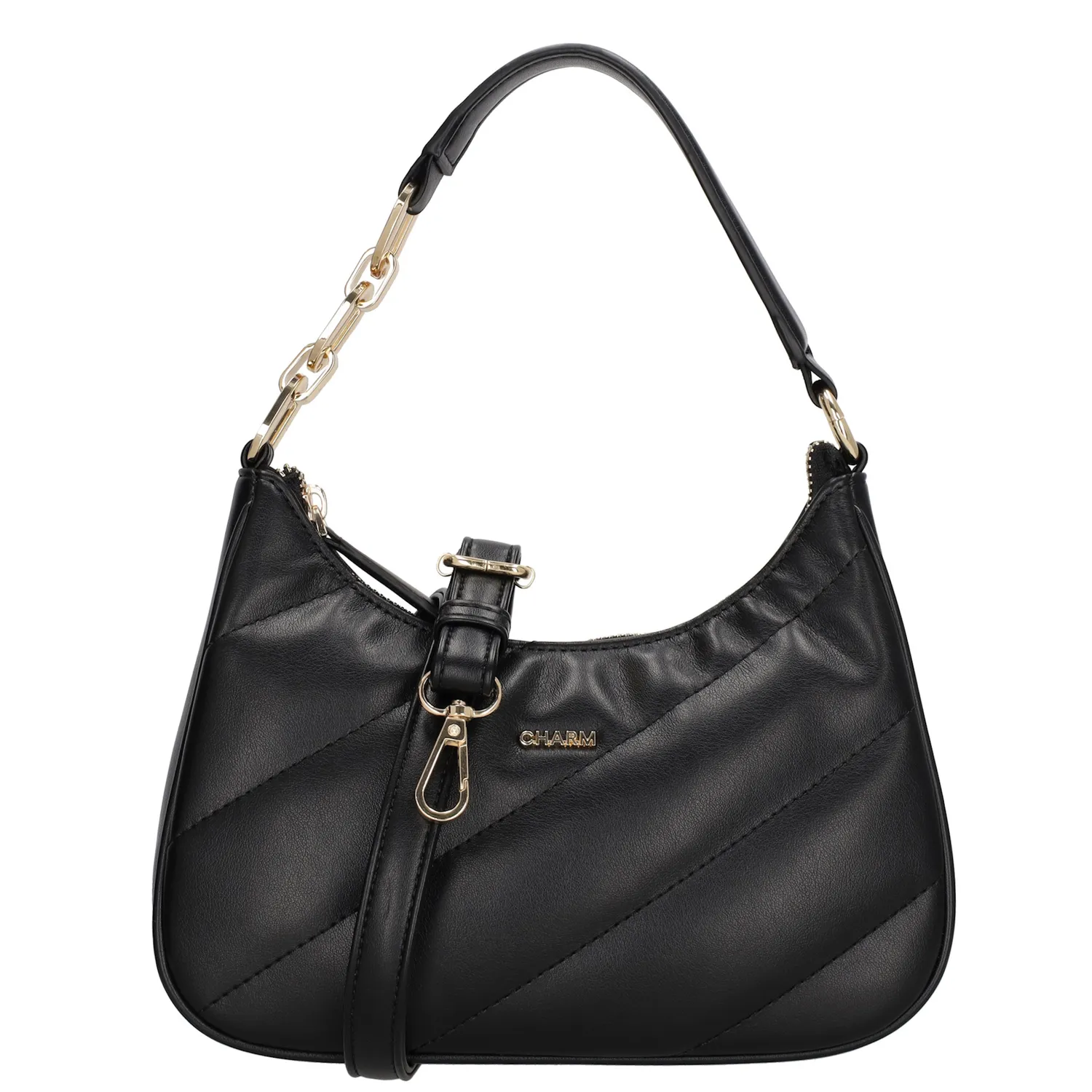 Deze trendy schoudertas van Charm London is een echte eye-catcher! Met een verstelbare en afneembare schouderband is deze tas niet alleen stijlvol, maar ook veelzijdig. Je kunt hem gemakkelijk als schoudertas of crossbody dragen. Het gouden detail op het handvat geeft de tas een luxe uitstraling en maakt hem extra speciaal.

De tas is ook praktisch ingedeeld. Aan de binnenkant vind je twee insteekvakken en een handig ritsvak voor je belangrijkste spullen. Daarnaast biedt het ritsvak aan de achterkant snelle toegang tot kleine items, zoals je sleutels of telefoon.

Kenmerken:

Verstelbare, afneembare schouderband
Luxe gouden detail
Twee insteekvakken
Binnen- en achterritsvak