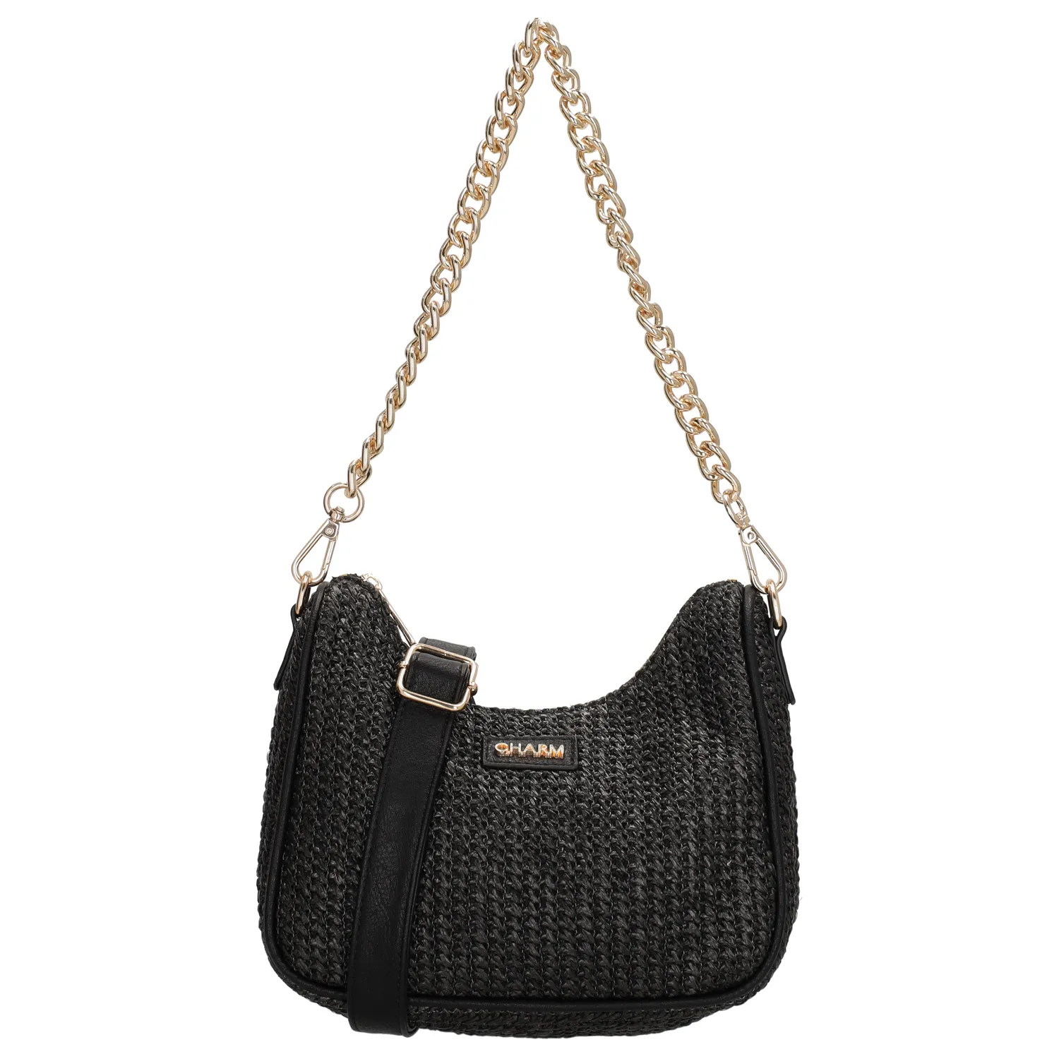 Deze Charm London schoudertas is een echte eye-catcher! De raffia-look en de gouden ketting waarmee je de tas over je schouder draagt, geven de tas een stijlvolle uitstraling. Dankzij de verstelbare en afneembare schouderband kun je de tas ook als crossbody dragen op de gewenste hoogte. Binnenin vind je een telefoonvak en ritsvak voor je essentials, en aan de achterkant zit een ritsvak voor snelle toegang.

Kenmerken:
• Telefoonvak
• Ritsvak aan de achterkant en binnenkant
• Verstelbare en afneembare schouderband
• Raffia-look
• Afsluitbaar met rits