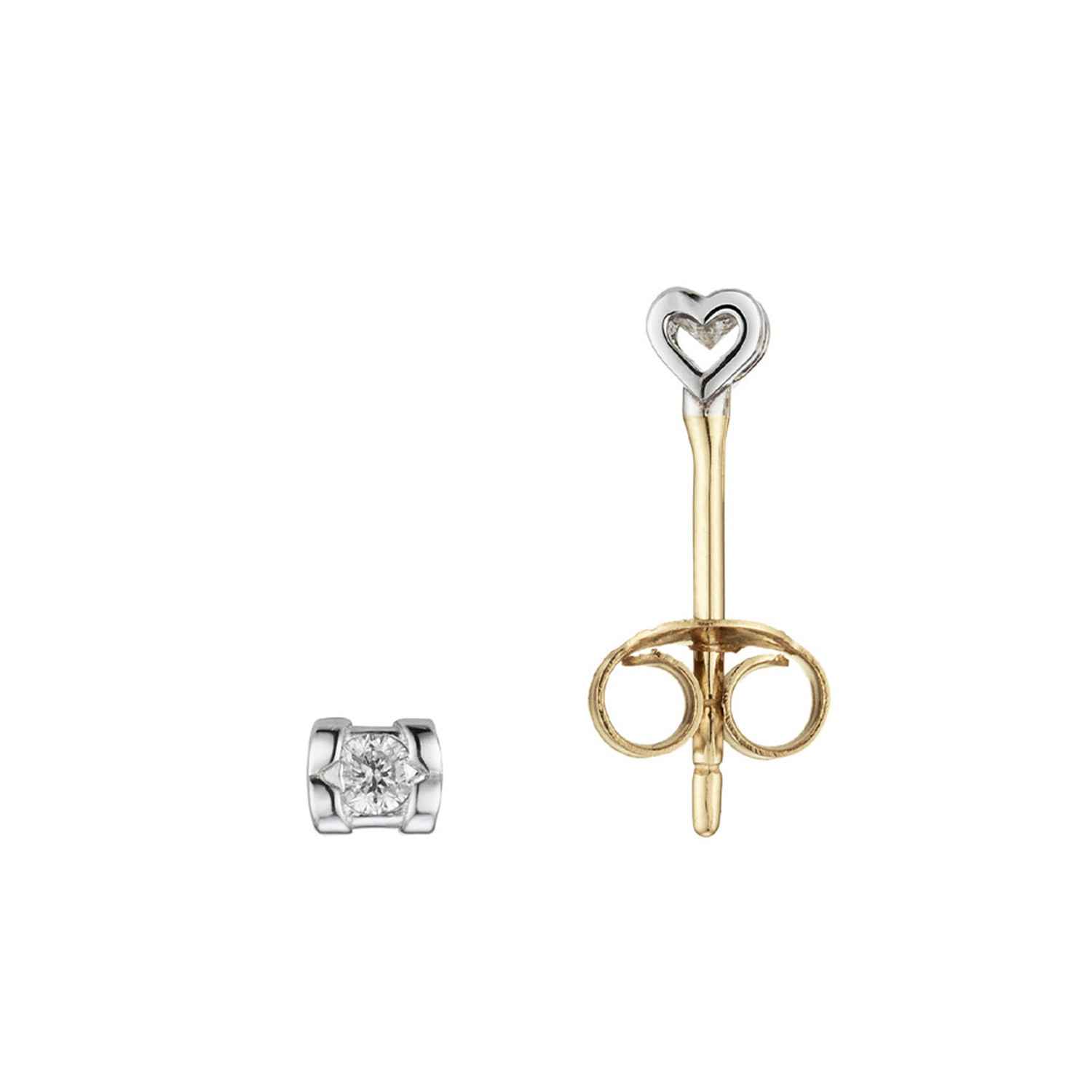 In deze gouden oorsteker met diamant 0.06ct onder de diamant zit in de zetkast een klein hartje verwerkt