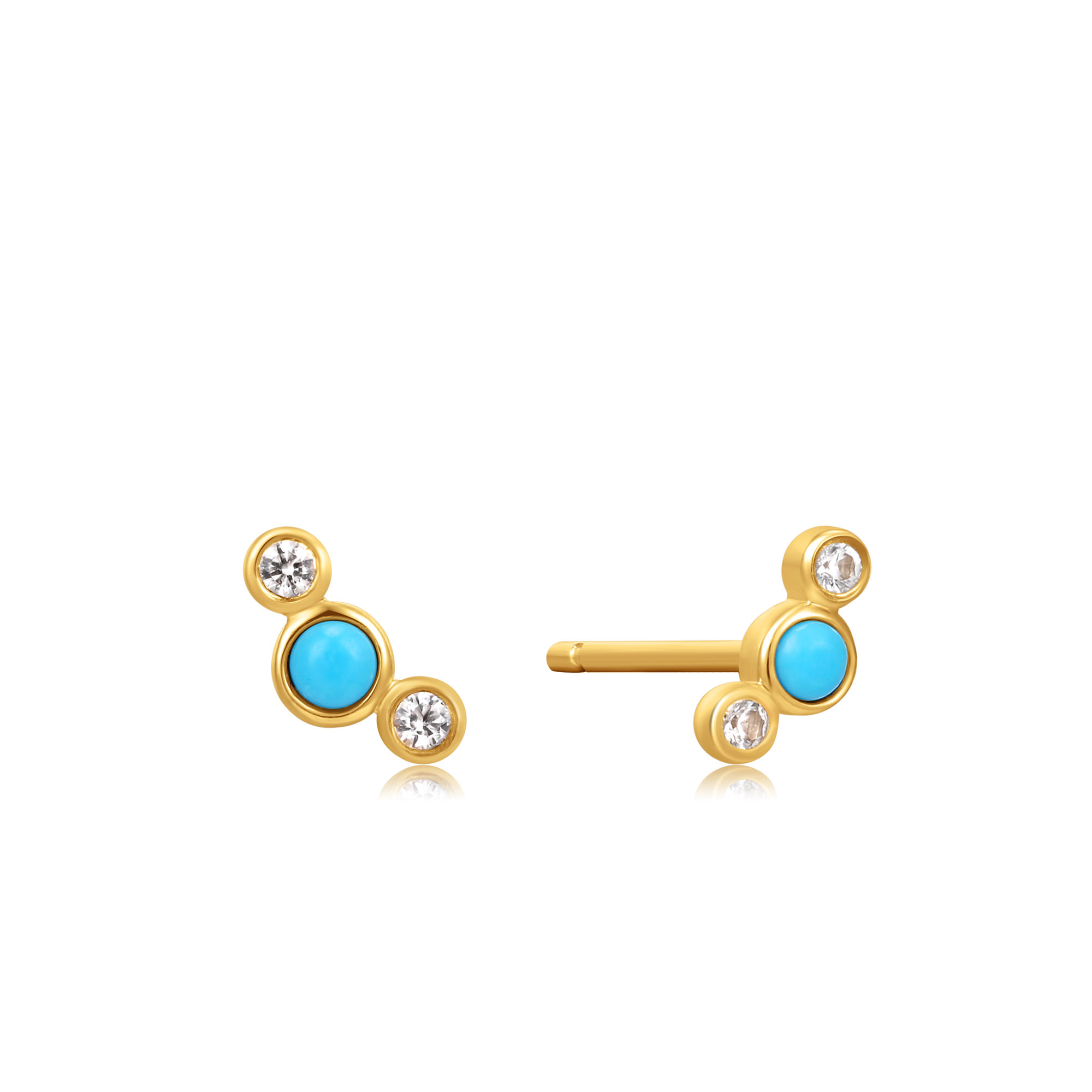 Geelgouden oorstekers met turquoise cabochon en witte safier