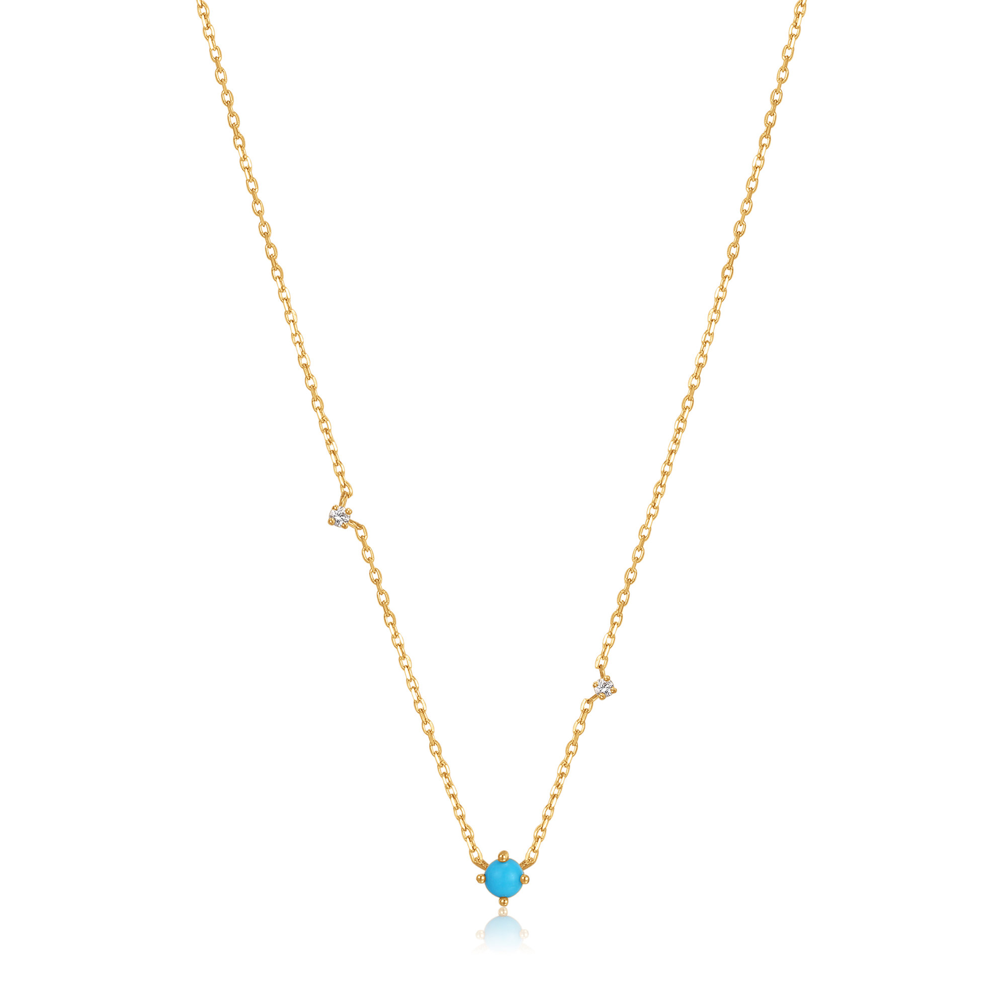 Geelgouden collier met turquoise cabochon en witte safier.