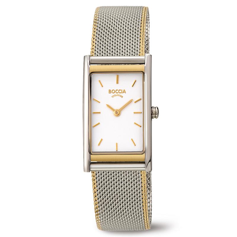 Boccia Titanium 3304-02
Dit Boccia Titanium dameshorloge heeft een titanium kast. Het horloge heeft een kast afmeting van 20 x 34 mm en mineraalglas. De band van het horloge is van Milanees gevlochten staal en is gemakkelijk op maat te maken d.m.v een schroevendraaier. Duw het klepje omhoog en plaats de sluiting op de juiste positie. Na het dichtduwen van het klepje is het horloge opnieuw klaar voor gebruik! U kunt dit zo vaak doen als nodig. Of je nu sportief of chique gekleed gaat, dit horloge past bij elke outfit en iedere gelegenheid. 

HET MERK
Boccia Titanium: de specialist in het edelmetaal titanium � horloges en sieraden van puur (99,7%) titanium. Titanium heeft een hoog draagcomfort: het is licht in gewicht, huidvriendelijk en neemt de temperatuur van de huid snel aan. 

SPECIFICATIES
- Mineraalglas
- Rechthoekige bicolor titanium horlogekast, 20 x 34 mm
- Milanees gevlochten bicolor stalen horlogeband
- Zilverkleurige wijzerplaat 
- 5 ATM

INKORTEN BAND
De band van het horloge is gemakkelijk op maat te maken d.m.v een schroevendraaier. Duw het klepje omhoog en plaats de sluiting op de juiste positie. Na het dichtduwen van het klepje is het horloge opnieuw klaar voor gebruik! U kunt dit zo vaak doen als nodig.