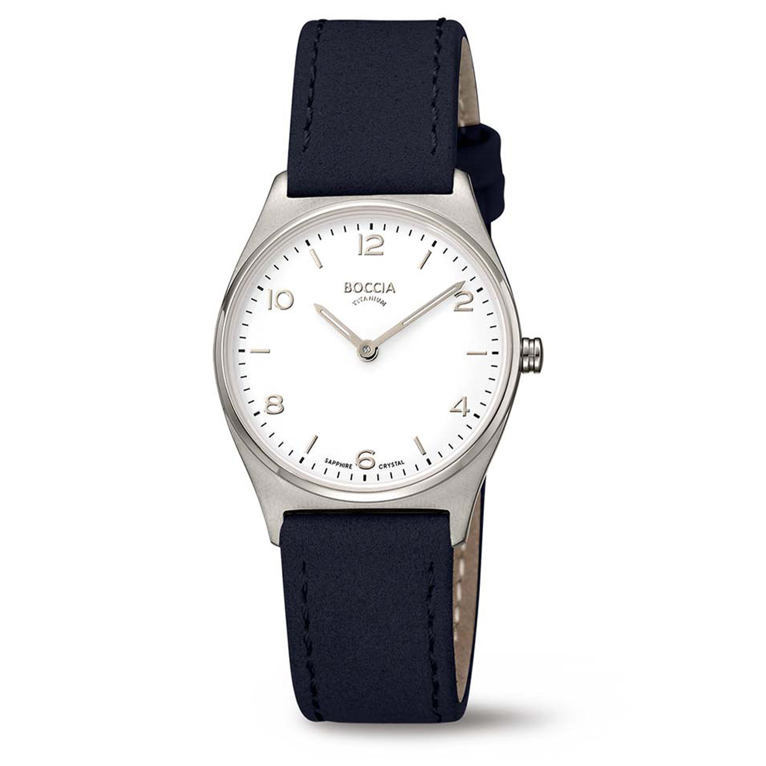 Elegant dameshorloge met titanium kast en een zwart leren bandje uit de collectie van Boccia. De diameter van de horlogekast is 30 mm, dikte van de kast is 6 mm, de kast is afgedekt met saffierglas. De zwart leren band sluit met een gesp. 
Het horloge is 5ATM waterdicht, dat wil zeggen, geschikt om mee te douchen of eventjes te zwemmen aan het wateroppervlak, maar let op, grote temperatuurverschillen moeten vermeden worden. (Opwarmen op het strand en afkoelen in het water is raden we af). Zwemmen met een leren horlogeband raden we overigens ook af, dit kan voor verkleuring zorgen. 