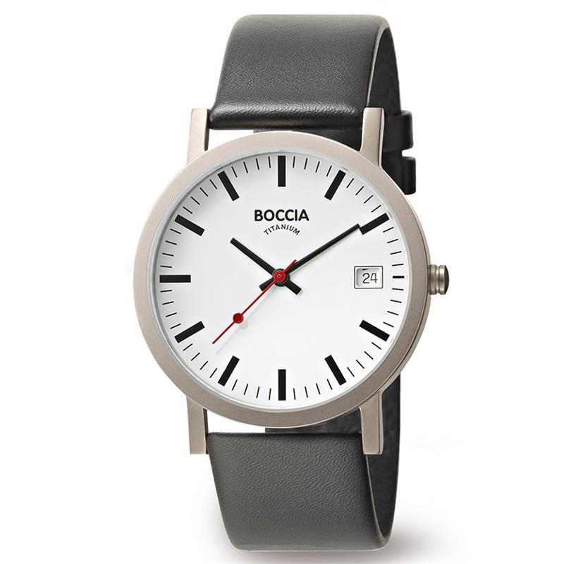 Boccia Titanium 3622-01
Dit Boccia Titanium herenhorloge heeft een titanium kast. Het horloge heeft een kastdiameter van 38 mm en mineraalglas. De band van het horloge is van leer. Of je nu sportief of chique gekleed gaat, dit horloge past bij elke outfit en iedere gelegenheid. 

HET MERK
Boccia Titanium: de specialist in het edelmetaal titanium � horloges en sieraden van puur (99,7%) titanium. Titanium heeft een hoog draagcomfort: het is licht in gewicht, huidvriendelijk en neemt de temperatuur van de huid snel aan. 

SPECIFICATIES
- Datumaanduiding
- Mineraalglas
- Ronde titanium horlogekast, � 38 mm
- Zwart lederen horlogeband
- Witte wijzerplaat
- 5 ATM

