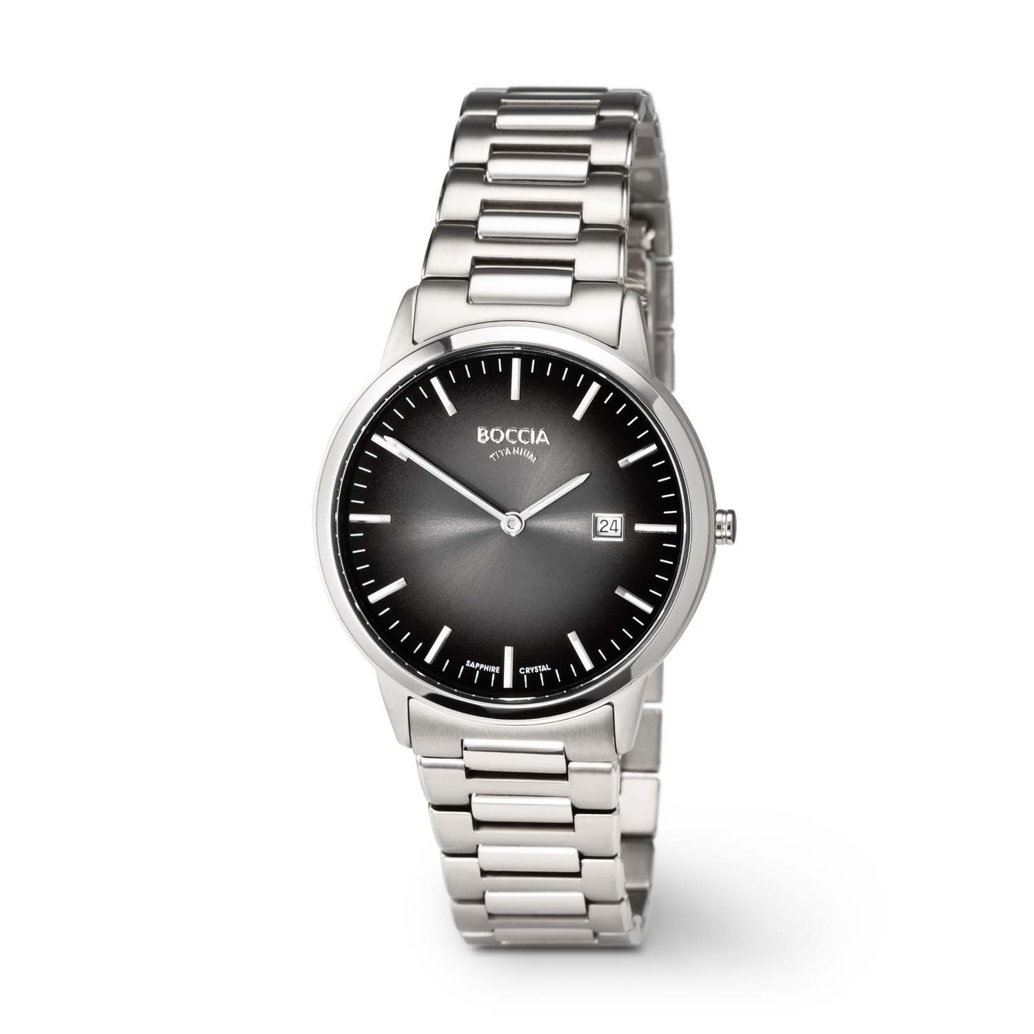 Boccia Titanium 3658-06 Heren Dit herenhorloge van Boccia heeft een klassieke uitstraling. De 3658-06 heeft een ronde titanium horlogekast met een grijze wijzerplaat met datum en een doorsnee van 39mm. De wijzers en uurstrepen zijn ingelegd met lumibrite. Aan de kast zit een mat glanzende titanium schakelband met een vouwsluiting. Het horloge heeft een saffierglas en is 5ATM. Of je nu klassie of chique gekleed gaat, dit horloge past bij elke outfit en iedere gelegenheid! 