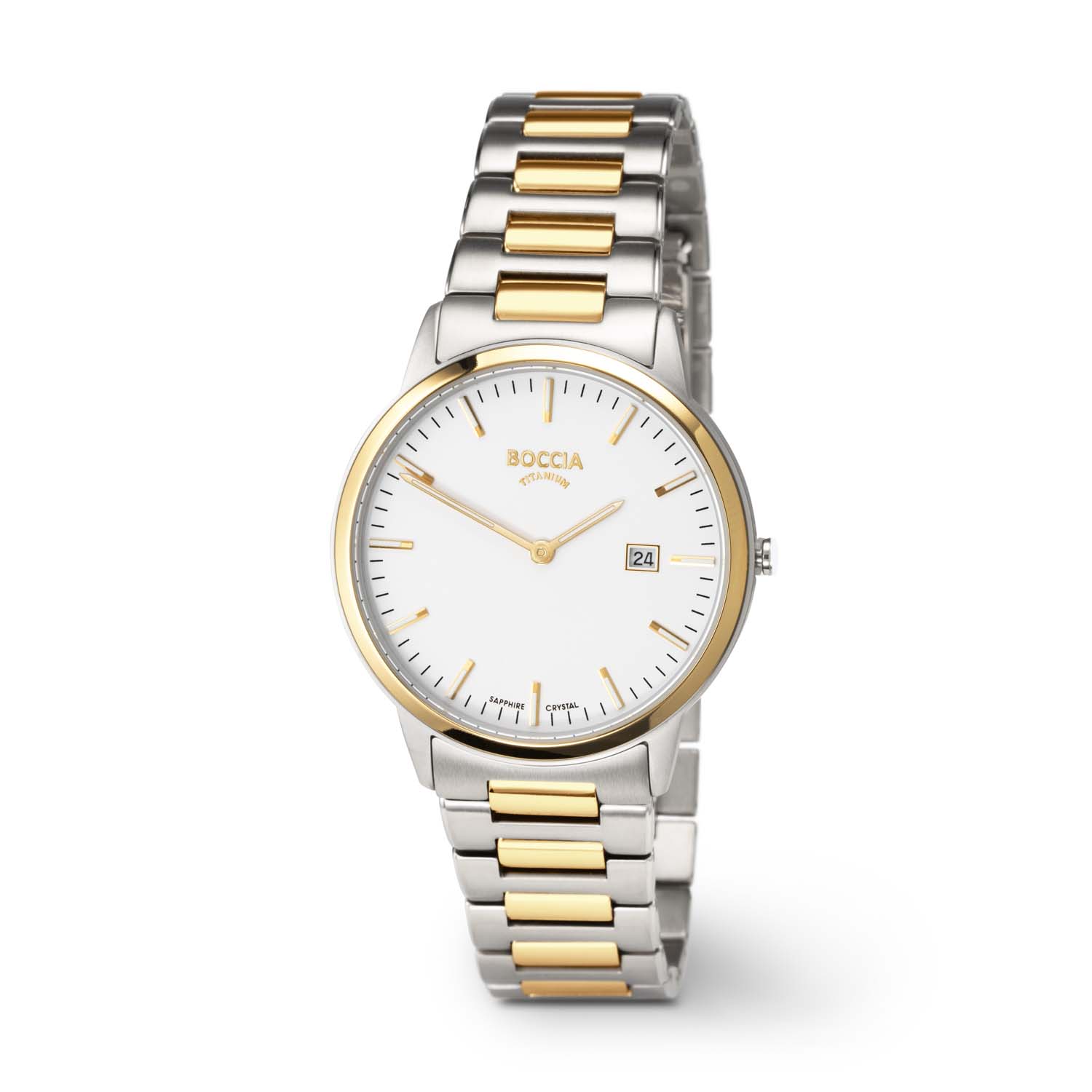 Dit herenhorloge van Boccia heeft een klassieke uitstraling. De 3658-07 heeft een ronde titanium horlogekast met een goudkleurige bezel, een witte wijzerplaat met een datum en een doorsnee van 39mm. De wijzers en uurstrepen zijn ingelegd met lumibrite. Aan de kast zit een mat glanzende bicolor titanium schakelband met een vouwsluiting. Het horloge heeft een saffierglas en is 10ATM. Of je nu klassiek of chique gekleed gaat, dit horloge past bij elke outfit en iedere gelegenheid!