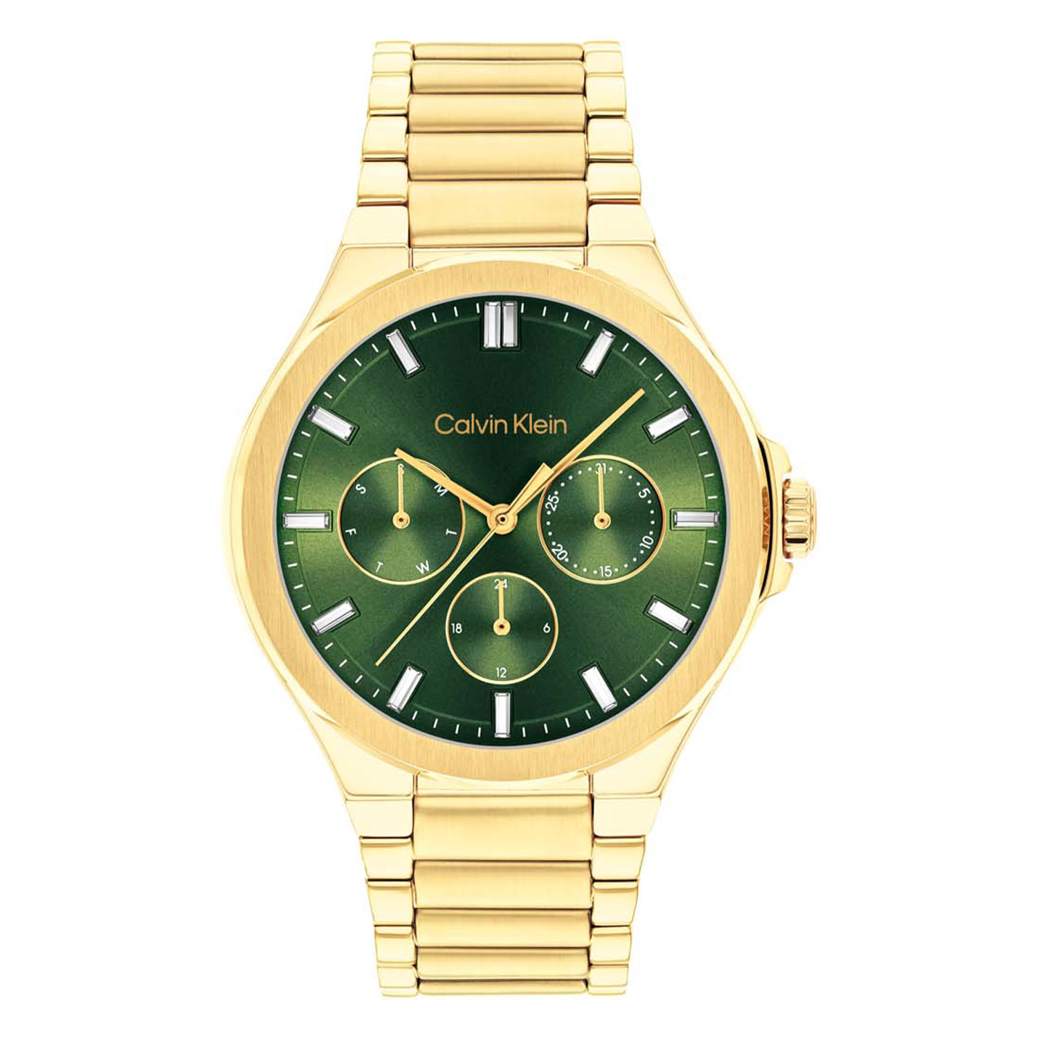Dit Calvin Klein horloge behoort tot de Vibrancy collectie.
Referentienummer: CK25100053 

Dit Calvin Klein dameshorloge is een sportief en luxe ontwerp. De ronde goudkleurige stalen kast heeft een groene sunray wijzerplaat met dag, datum en 24-uursaanduiding. Aan het dameshorloge zit een goudkleurige schakelband met vouwsluiting. Het multifunctionele horloge heeft een mineraalglas, een doorsnee van 38mm en is 3ATM waterdicht.
