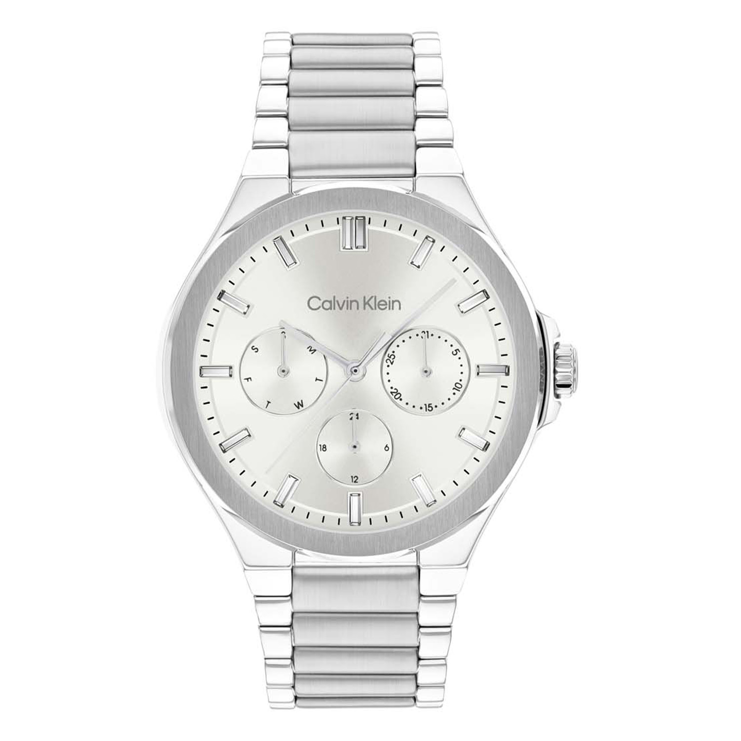 Het Calvin Klein CK25100054 dameshorloge combineert elegantie met functionaliteit. Met een roestvrijstalen kast van 38mm, analoge kwartsbeweging en een zilverkleurige band, accentueert het elke pols. Het heeft een witte wijzerplaat, mineraalglas en waterbestendigheidsniveau 3. Draag dit stijlvolle horloge bij zowel formele als casual outfits voor een verfijnde uitstraling met datumnotatie.