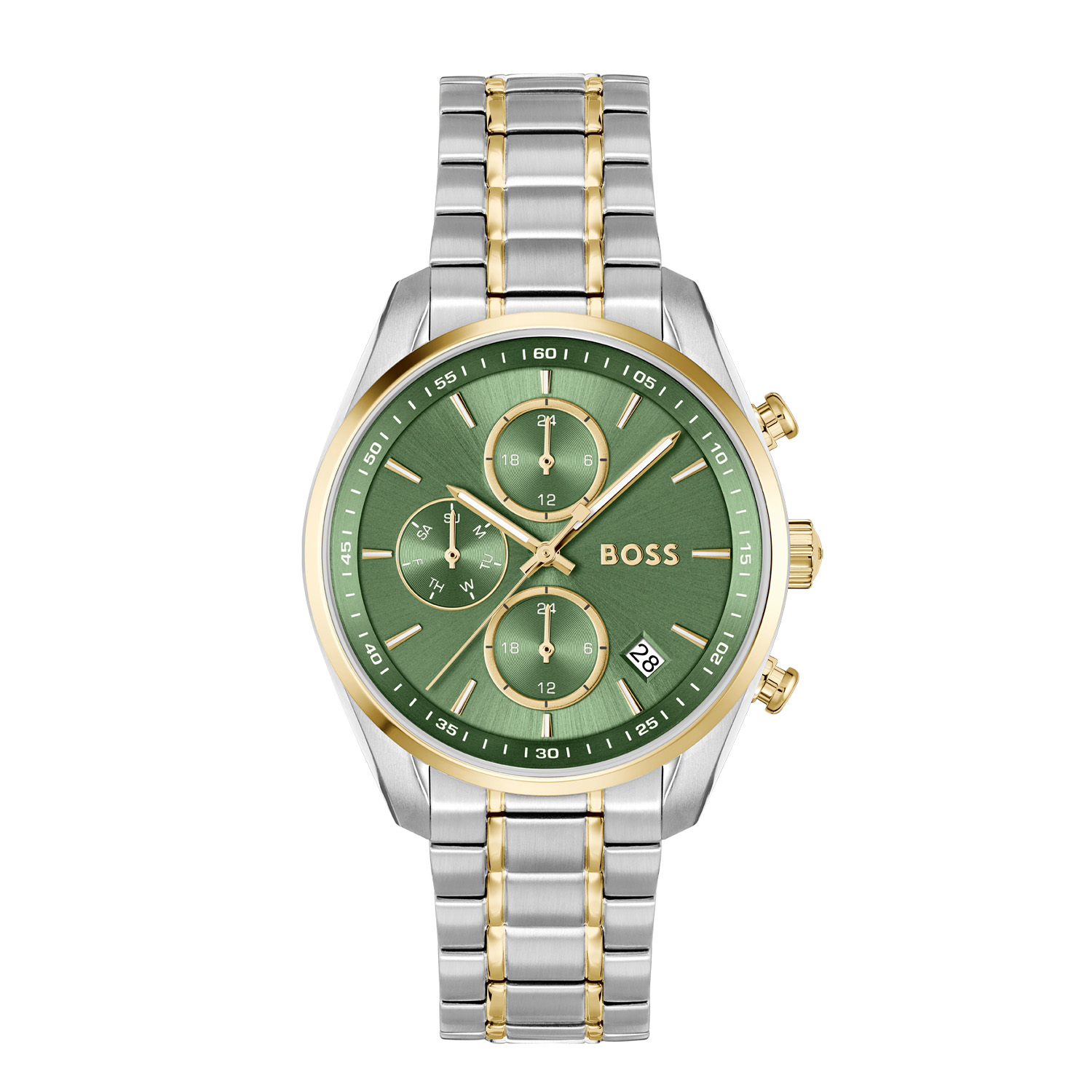 Dit BOSS horloge behoort tot de GRAND TOUR collectie.
Referentienummer: HB1502766 

Dit BOSS horloge heeft een luxe sportieve uitstraling. Zeer geschikt voor de moderne stijlvolle vrouw van nu. Het dameshorloge valt op door zijn stalen horlogekast met een gladde goudkleurige bezel en een groene sunray wijzerplaat met een dag, datum en 24-uursaanduiding. Opvallend zijn de fijne wijzers. Aan de kast zit een stalen mat glanzende bicolor schakelband met een vouwsluiting. Het horloge heeft een doorsnee van 38mm met een mineraalglas en is 3ATM. 

