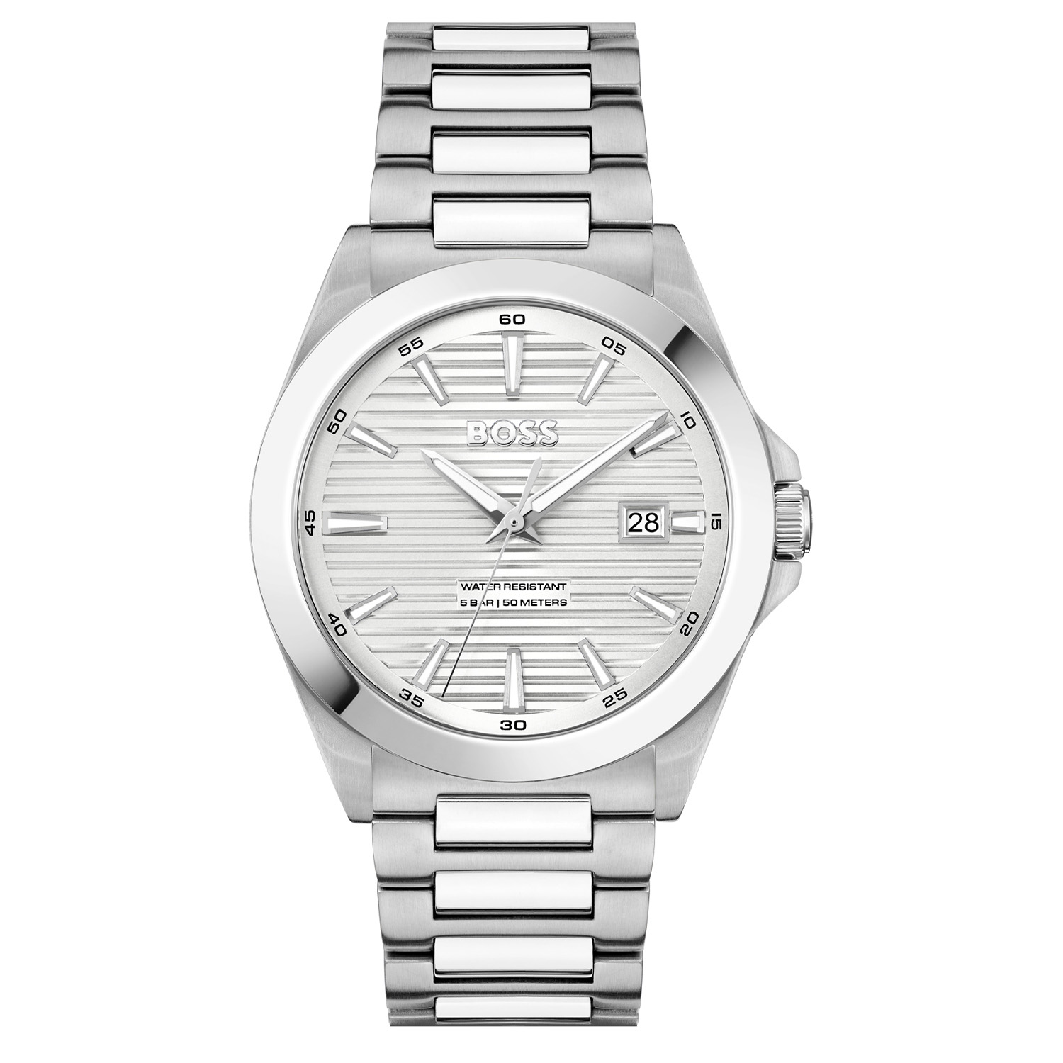 De Hugo Boss horloge Strike 41mm | HB1514176 heeft een minimalistisch design met een subtiel patroon op de wijzerplaat. Dit horloge heeft een roestvrijstalen kast en band, en is waterdicht tot 3 ATM. Draag het horloge dagelijks voor een stijlvolle touch aan je outfit, of draag het bij een formele gelegenheid voor een chique uitstraling. Met de Hugo Boss horloge Strike 41mm maak je altijd een goede indruk.