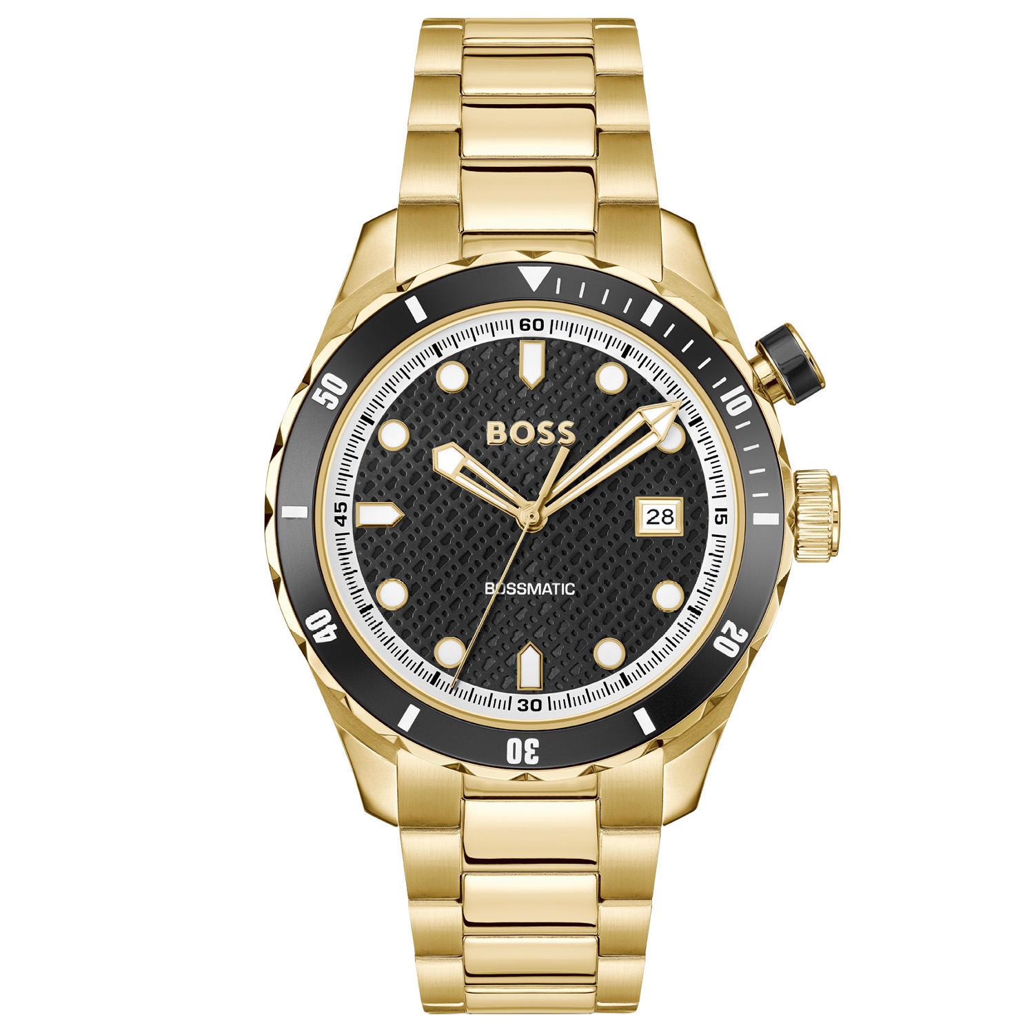 Dit BOSS horloge behoort tot de Bossmatic collectie.
Referentienummer: HB1514180 

Dit BOSS horloge heeft een stoere sportieve uitstraling. Zeer geschikt voor de moderne stijlvolle man van nu. Het herenhorloge valt op door zijn goudkleurige stalen horlogekast met een zwarte aluminium inleg, een bedrukte zwarte bezel en een zwarte sunray wijzerplaat met BOSS monogram en een datum. Opvallend zijn de speelse wijzers en uurstrepen die met lumibrite zijn ingelegd. Het horloge heeft een automatisch uurwerk en loopt op de beweging van de pols. Door een glas in de achterdeksel is het uurwerk zichtbaar. Aan de kast zit een goudkleurige stalen mat glanzende schakelband met een vouwsluiting. Het horloge heeft een doorsnee van 42mm met een mineraalglas en is 10ATM. 

