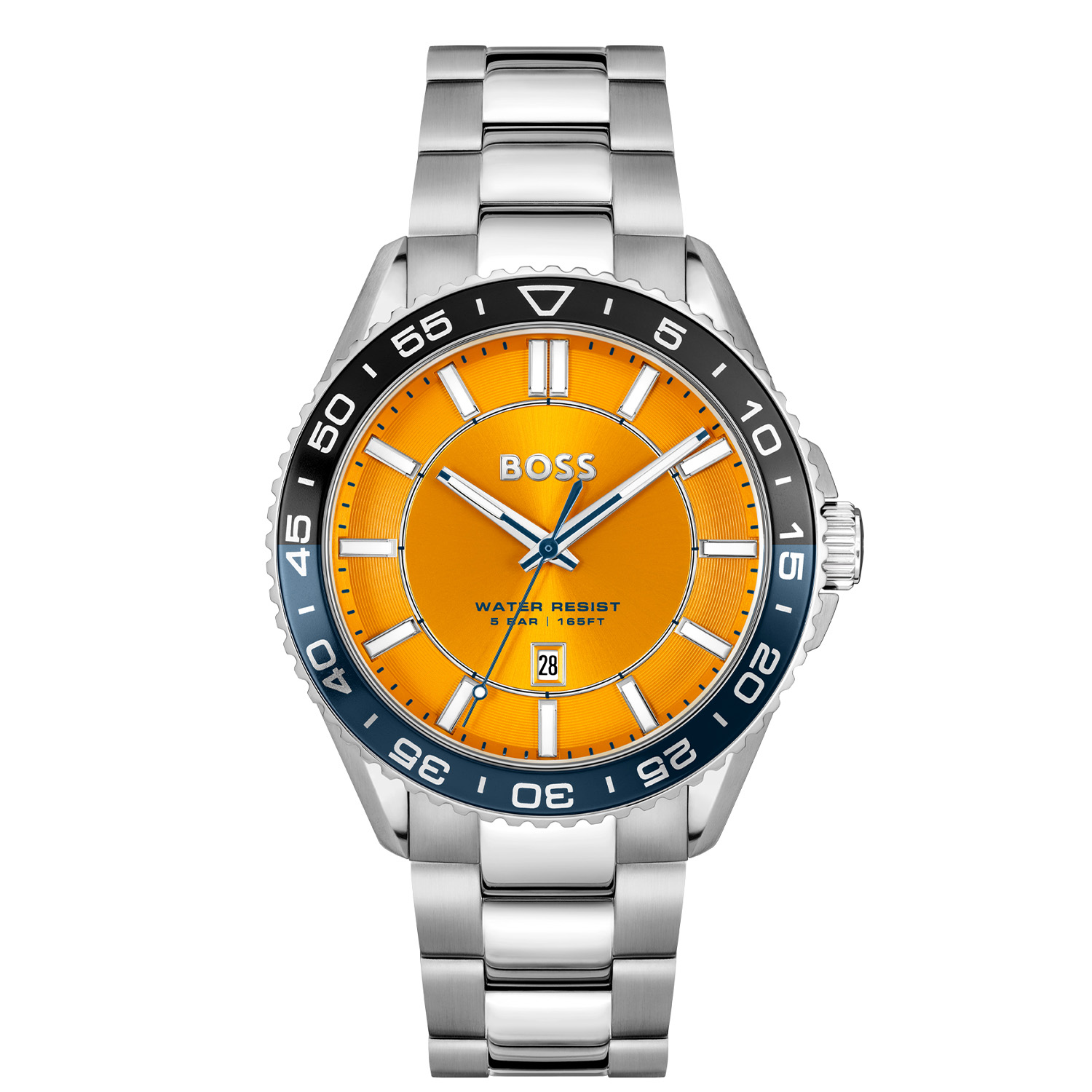 
Dit BOSS horloge uit de RUNNER 3H serie met artikelnr: HB1514206 heeft een stoere sportieve uitstraling. Zeer geschikt voor de moderne stijlvolle man van nu. Het herenhorloge valt op door zijn stalen horlogekast met een gekleurde bedrukte bezel en een geeloranje sunray wijzerplaat met een datum. Opvallend zijn de wijzers en uurstrepen die met lumibrite zijn ingelegd. Aan de kast zit een stalen mat glanzende schakelband met een vouwsluiting. Het horloge heeft een doorsnee van 43mm met een mineraalglas en is 5ATM. 

