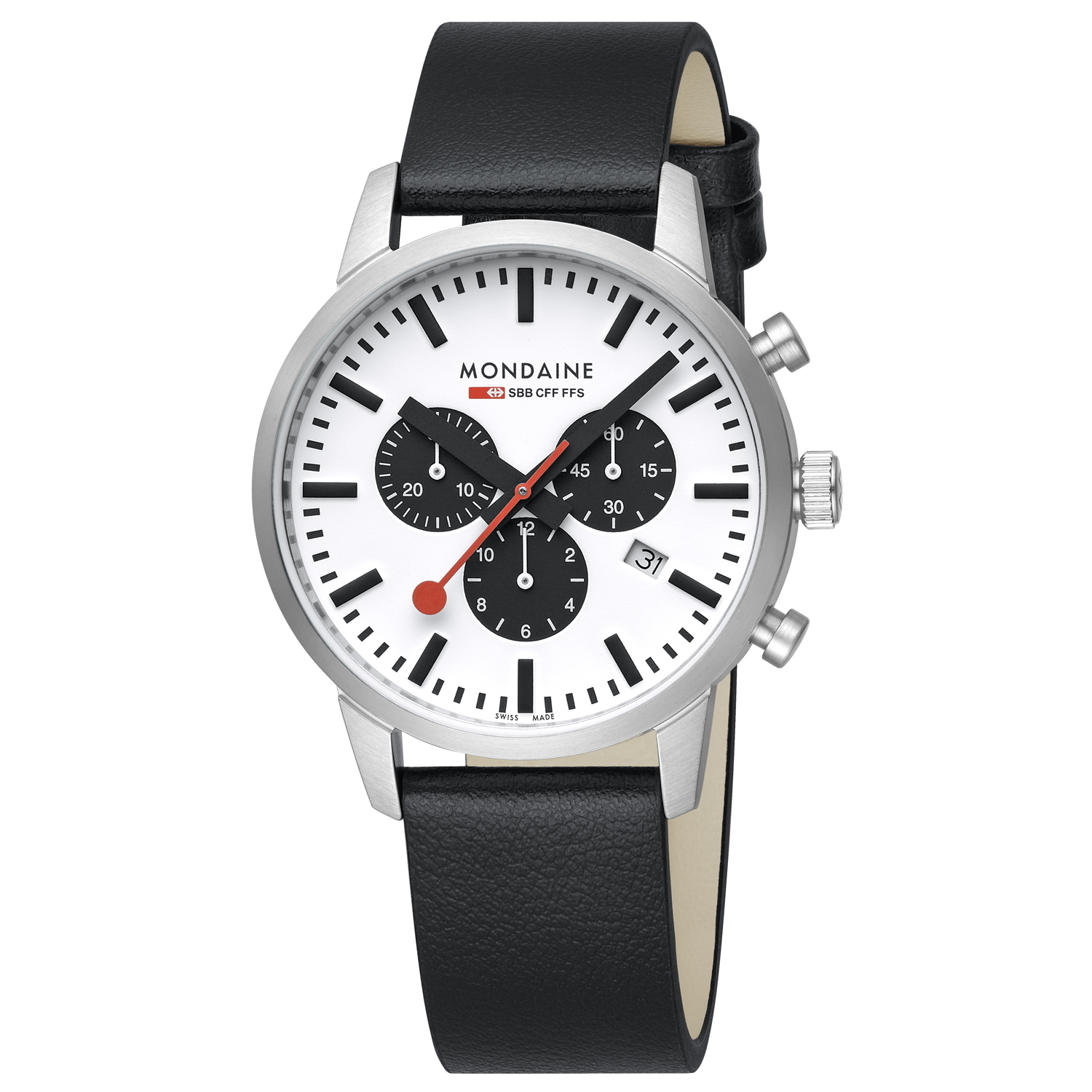 Mondaine MSD.41410.LBV Neo Vegan leer 41mm
Dit design horloge uit de Mondaine Neo serie heeft een zwarte vegan lederen horlogeband. Het horloge heeft vlak krasvast saffierglas en een ronde geborstelde horlogekast met een kastdiameter van 41mm. Op de witte wijzerplaat zijn zwarte subdails zichtbaar, deze geven de chronograaf weer. Tevens heeft het Swiss Railway horloge een datum. Opvallend is de rode secondewijzer. Maak een statement met dit verfijnde en klassieke uurwerk!

HET MERK
The Official Swiss Railway Watch. Gebaseerd op de officiële stationsklok van de Zwitserse spoorwegen, is 30 jaar geleden de horlogelijn onder het merk Mondaine opgezet. Zwitserse kwaliteitsuurwerken, net zo punctueel als de Zwitserse treinen. Een echte design klassieker met een unieke wijzerplaat, en de wereldberoemde rode secondewijzer met bolletje. Herkenbaar uit duizenden. De Stop2Go is het paradepaardje van Mondaine. De Zwitserse spoorwegen (SBB) staan bekend om hun punctualiteit en dit is te danken aan het principe van het uurwerk: door 58 seconden iets te snel te lopen en 2 seconden stil te staan op de 12, kan iedere Zwitserse trein exact op het hele uur vertrekken. Terwijl de secondewijzer stilstaat, springt de minutenwijzer een streepje verder. De dubbele aandrijving die dit principe mogelijk maakt, vergt meer energie dan andere uurwerken. Daarom is de Stop2Go, die net zo werkt als de stationsklok, uitgerust met een extra sterke batterij die twee jaar mee gaat.

SPECIFICATIES  
- Chronograaf
- Vlak ontspiegeld krasvast saffierglas
- Strakke ronde kastvorm, Ø 41mm
- RVS horlogekast
- Witte wijzerplaat van de originele stationsklok
- Zwarte vegan leren band