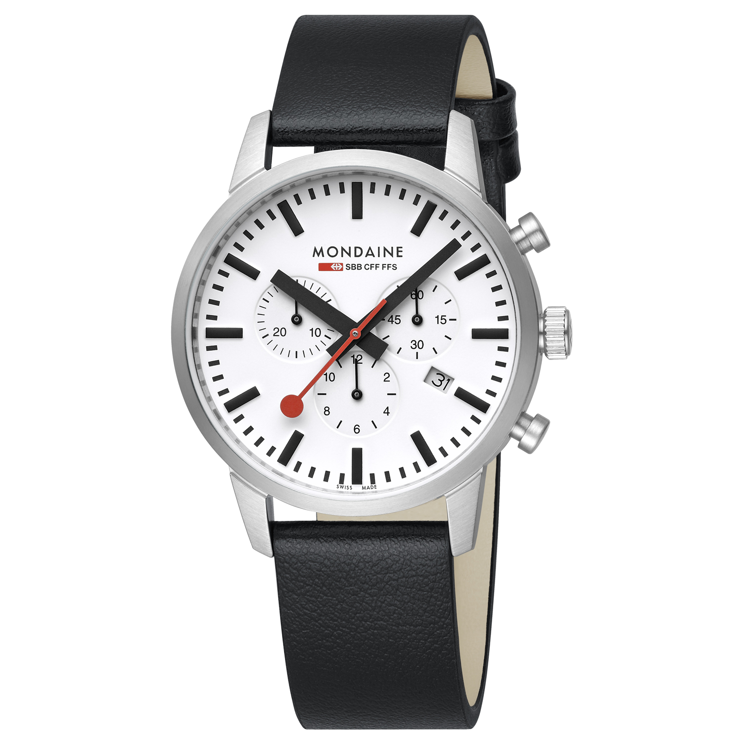 Mondaine MSD.41411.LBV Neo Vegan leer 41mm
Dit design horloge uit de Mondaine Neo serie heeft een zwarte vegan lederen horlogeband. Het horloge heeft vlak krasvast saffierglas en een ronde geborstelde horlogekast met een kastdiameter van 41mm. Op de zwarte wijzerplaat zijn witte subdails zichtbaar, deze geven de chronograaf weer. Tevens heeft het Swiss Railway horloge een datum. Opvallend is de rode secondewijzer. Maak een statement met dit verfijnde en klassieke uurwerk!

HET MERK
The Official Swiss Railway Watch. Gebaseerd op de officiële stationsklok van de Zwitserse spoorwegen, is 30 jaar geleden de horlogelijn onder het merk Mondaine opgezet. Zwitserse kwaliteitsuurwerken, net zo punctueel als de Zwitserse treinen. Een echte design klassieker met een unieke wijzerplaat, en de wereldberoemde rode secondewijzer met bolletje. Herkenbaar uit duizenden. De Stop2Go is het paradepaardje van Mondaine. De Zwitserse spoorwegen (SBB) staan bekend om hun punctualiteit en dit is te danken aan het principe van het uurwerk: door 58 seconden iets te snel te lopen en 2 seconden stil te staan op de 12, kan iedere Zwitserse trein exact op het hele uur vertrekken. Terwijl de secondewijzer stilstaat, springt de minutenwijzer een streepje verder. De dubbele aandrijving die dit principe mogelijk maakt, vergt meer energie dan andere uurwerken. Daarom is de Stop2Go, die net zo werkt als de stationsklok, uitgerust met een extra sterke batterij die twee jaar mee gaat.

SPECIFICATIES  
- Chronograaf
- Vlak ontspiegeld krasvast saffierglas
- Strakke ronde kastvorm, Ø 41mm
- RVS horlogekast
- Zwarte wijzerplaat van de originele stationsklok
- Zwarte vegan leren band