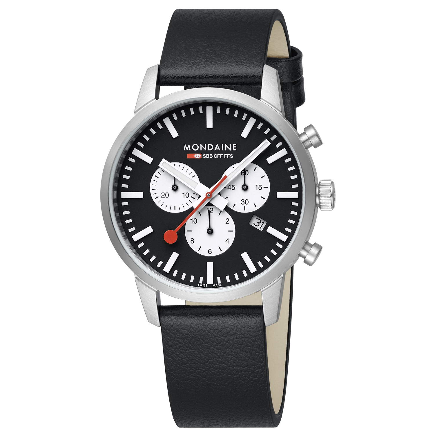 Mondaine MSD.41420.LBV Neo Vegan leer 41mm
Dit design horloge uit de Mondaine Neo serie heeft een zwarte vegan lederen horlogeband. Het horloge heeft vlak krasvast saffierglas en een ronde geborstelde horlogekast met een kastdiameter van 41mm. Op de witte wijzerplaat zijn witte subdails zichtbaar, deze geven de chronograaf weer. Tevens heeft het Swiss Railway horloge een datum. Opvallend is de rode secondewijzer. Maak een statement met dit verfijnde en klassieke uurwerk!

HET MERK
The Official Swiss Railway Watch. Gebaseerd op de officiële stationsklok van de Zwitserse spoorwegen, is 30 jaar geleden de horlogelijn onder het merk Mondaine opgezet. Zwitserse kwaliteitsuurwerken, net zo punctueel als de Zwitserse treinen. Een echte design klassieker met een unieke wijzerplaat, en de wereldberoemde rode secondewijzer met bolletje. Herkenbaar uit duizenden. De Stop2Go is het paradepaardje van Mondaine. De Zwitserse spoorwegen (SBB) staan bekend om hun punctualiteit en dit is te danken aan het principe van het uurwerk: door 58 seconden iets te snel te lopen en 2 seconden stil te staan op de 12, kan iedere Zwitserse trein exact op het hele uur vertrekken. Terwijl de secondewijzer stilstaat, springt de minutenwijzer een streepje verder. De dubbele aandrijving die dit principe mogelijk maakt, vergt meer energie dan andere uurwerken. Daarom is de Stop2Go, die net zo werkt als de stationsklok, uitgerust met een extra sterke batterij die twee jaar mee gaat.

SPECIFICATIES  
- Chronograaf
- Vlak ontspiegeld krasvast saffierglas
- Strakke ronde kastvorm, Ø 41mm
- RVS horlogekast
- Zwarte wijzerplaat van de originele stationsklok
- Zwarte vegan leren band