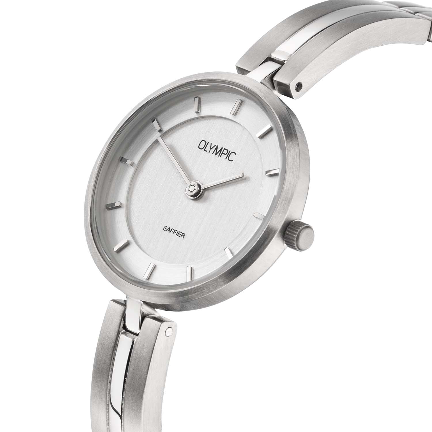 Olympic OL1DTT001 Titanium Horloge Dames 26mm 
Dit unieke Olympic horloge met artikelnummer: OL1DTT001 is een classic dameshorloge. Het horloge heeft een ronde titanium kast met een zilverkleurige bewerkte wijzerplaat met streepjes als uursaanduiding en fijne strakke wijzers. Aan de kast zit een mat glanzende zilverkleurige titanium schakelband met kliksluiting. Het horloge heeft een saffierglas, een doorsnee van 26mm en is 3ATM.