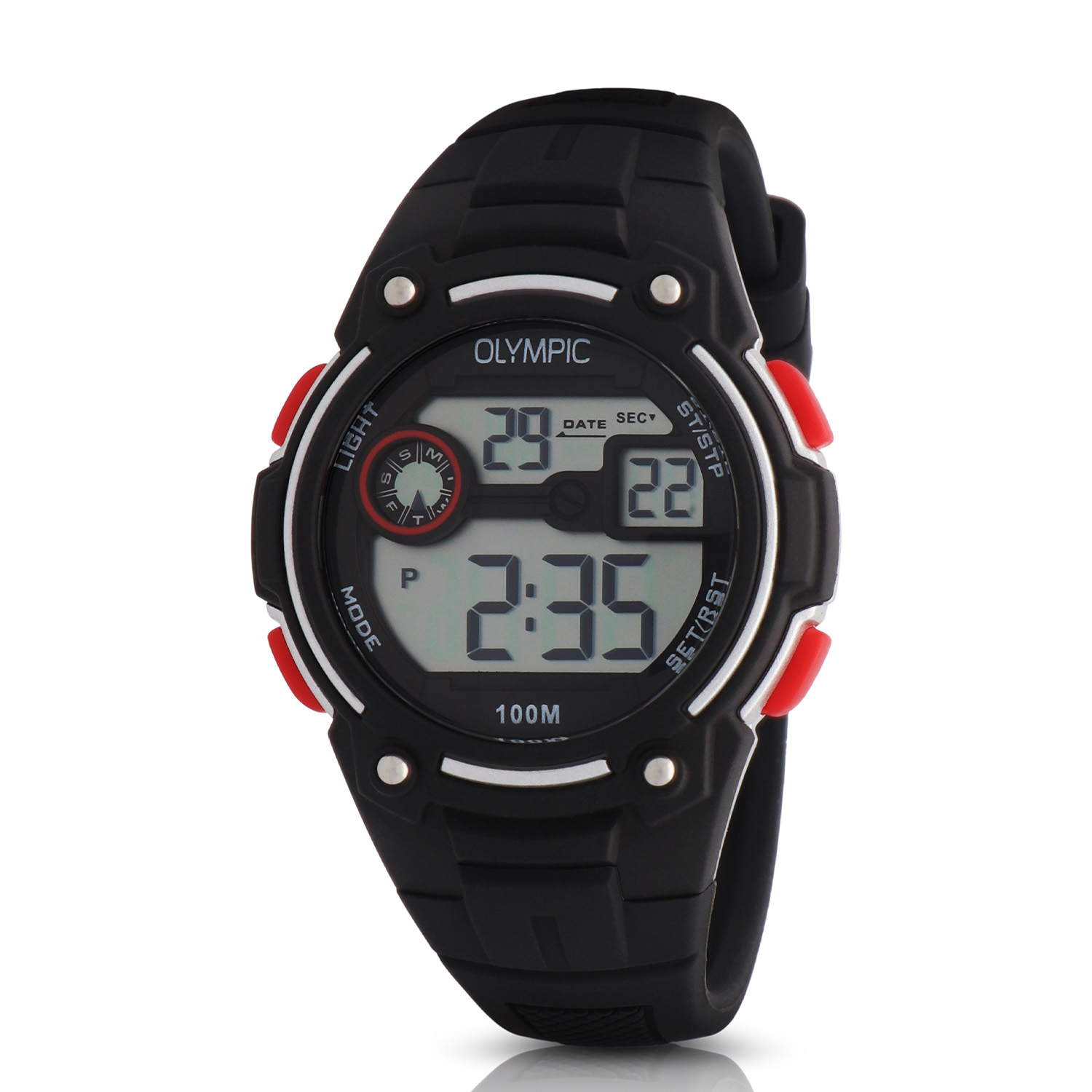 Olympic OL45HKR014 Digital Horloge Kids Zwa/Zilv/Rood 35mm 
Dit unieke Olympic horloge met artikelnummer: OL45HKR014 is een digitaal kinder horloge met een sportieve uitstraling. De kunststof kast heeft 4 drukknoppen waarmee je de verschillende functies kan bedienen. De horloges zijn in verschillende kleur samenstellingen en verschillende grootte te krijgen. Het horloge heeft tijd,- datum,- dag,- aanduiding. Ook heeft het een timer, alarm en stopwatch functie. Dit geeft het horloge vele mogelijkheden. Aan de kast zit een gelijk gekleurde siliconen band met een gespsluiting. Het horloge heeft een mineraalglas, een doorsnee van 35mm en is 10ATM.

Waterdichtheid 10ATM
Dit horloge is bestand tegen water bij het zwemmen en douchen. Dit horloge is niet bestand tegen (grote) waterdruk dus je kunt er niet mee duiken.

Het merk:
Een mooi horloge hoeft niet duur te zijn! Het Nederlandse horlogemerk Olympic levert stoere chronografen, slimline series, digitale uurwerken en elegante dameshorloges. De prijs-kwaliteitverhouding staat bij Olympic hoog in het vaandel met prijzen die uiteenlopen van â¬ 34,95 tot en met â¬ 159,00.

100% Nederlands ontwerp, waterdicht en standaard 3 jaar fabrieksgarantie.

Specificaties:
- Ronde kast Ã 35mm
- Digitaal uurwerk
- Siliconen band
- Zwart
- 10ATM 
- Standaard 3 jaar fabrieksgarantie
- Mineraalglas