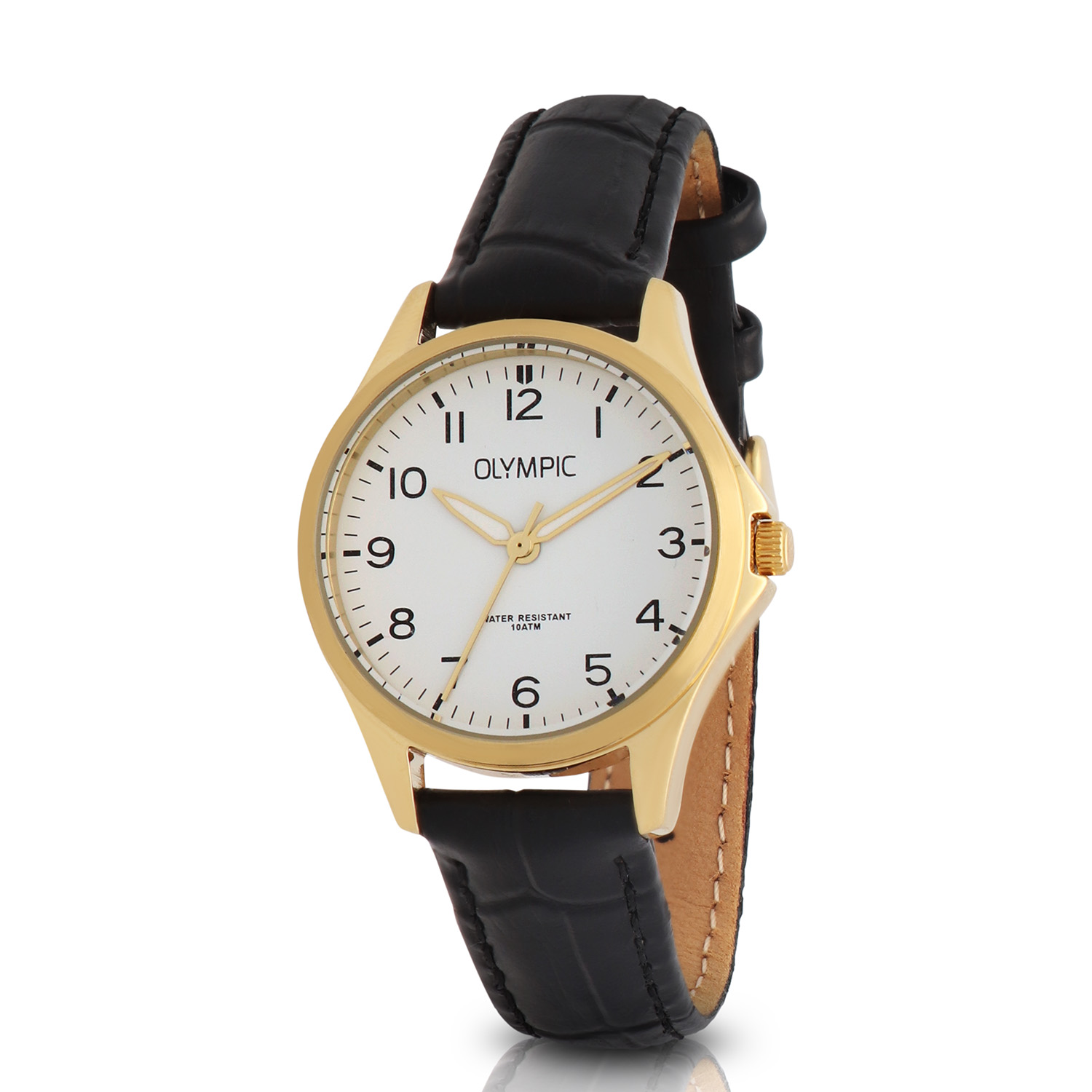 Olympic OL726DDL004 Robin Horloge Dames Leer 29mm 
Dit unieke Olympic horloge met artikelnummer: OL72DDL004 is een dames horloge met een classic uitstraling. De stalen kast heeft een gladde goudkleurige bezel en een witte wijzerplaat. De uursaanduiding is opvallend door de Arabische cijfers en de sierlijke wijzers. Dit geeft het horloge een chique uiterlijk. Aan de stalen kast zit een zwarte leren band met een gespsluiting. Het horloge heeft een mineraalglas, een doorsnee van 29mm en is 10ATM.

Waterdichtheid 10ATM
Dit horloge is bestand tegen water bij het zwemmen en douchen. Dit horloge is niet bestand tegen (grote) waterdruk dus je kunt er niet mee duiken.

Het merk:
Het Nederlandse horlogemerk Olympic levert stoere chronografen, slimline series, digitale uurwerken en elegante dameshorloges. De prijs-kwaliteitverhouding staat bij Olympic hoog in het vaandel met prijzen die uiteenlopen van € 34,95 tot en met € 159,00.

100% Nederlands ontwerp, waterdicht en standaard 3 jaar fabrieksgarantie.

Specificaties:
- Ronde kast Ø 29mm
- Stalen horlogekast
- Witte wijzerplaat
- Zwarte leren band
- 10ATM 
- Standaard 3 jaar fabrieksgarantie
- Mineraalglas
