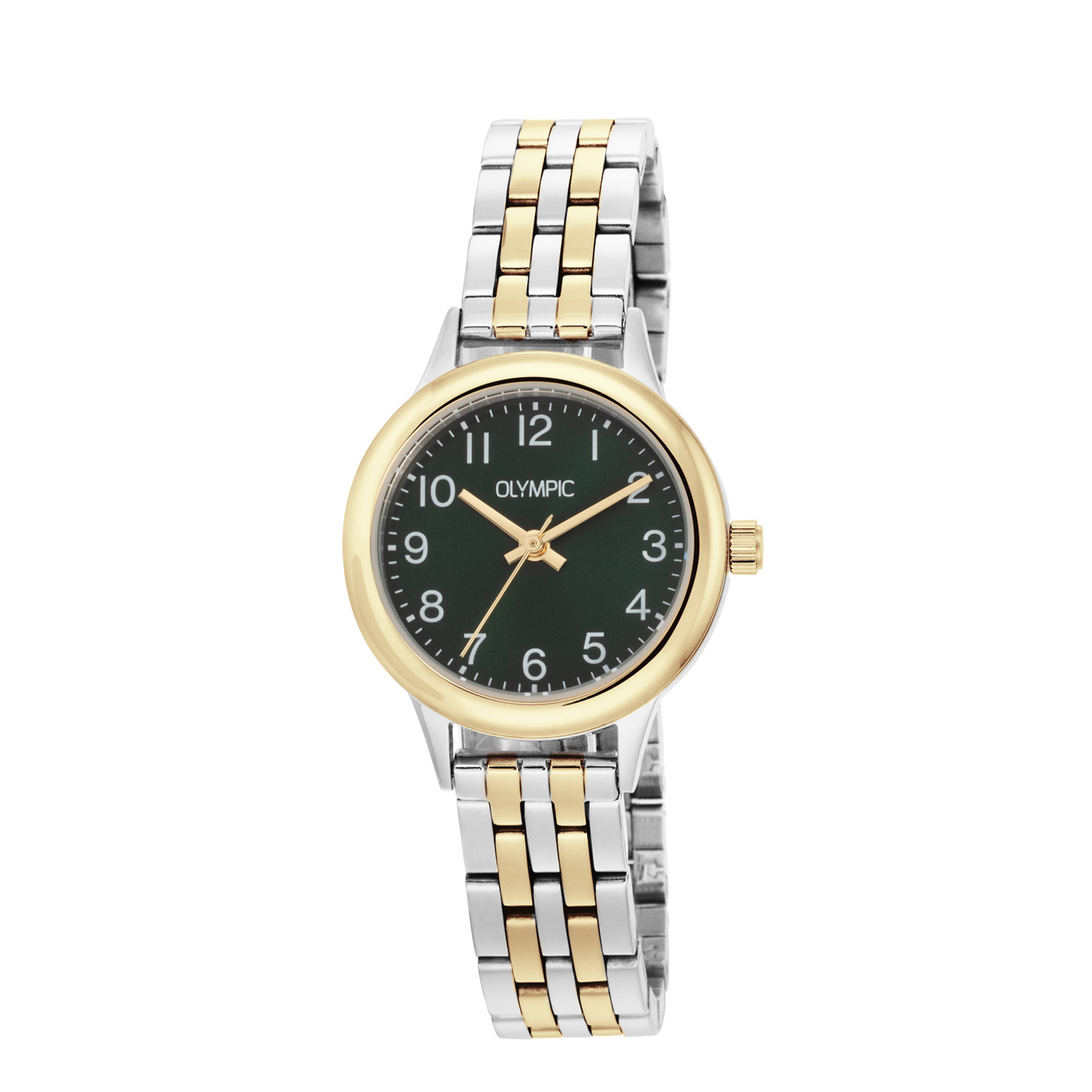 
Dit unieke Olympic horloge met artikelnummer: OL80DSS004B is een dameshorloge met een chique uitstraling. Het horloge heeft een ronde stalen kast met een goudkleurige bezel, een groene sunray wijzerplaat met cijfers. Aan de kast zit een stalen fijne bicolor schakelband met vouwsluiting. Het horloge heeft een mineraalglas, een doorsnee van 28mm en is 5ATM.

