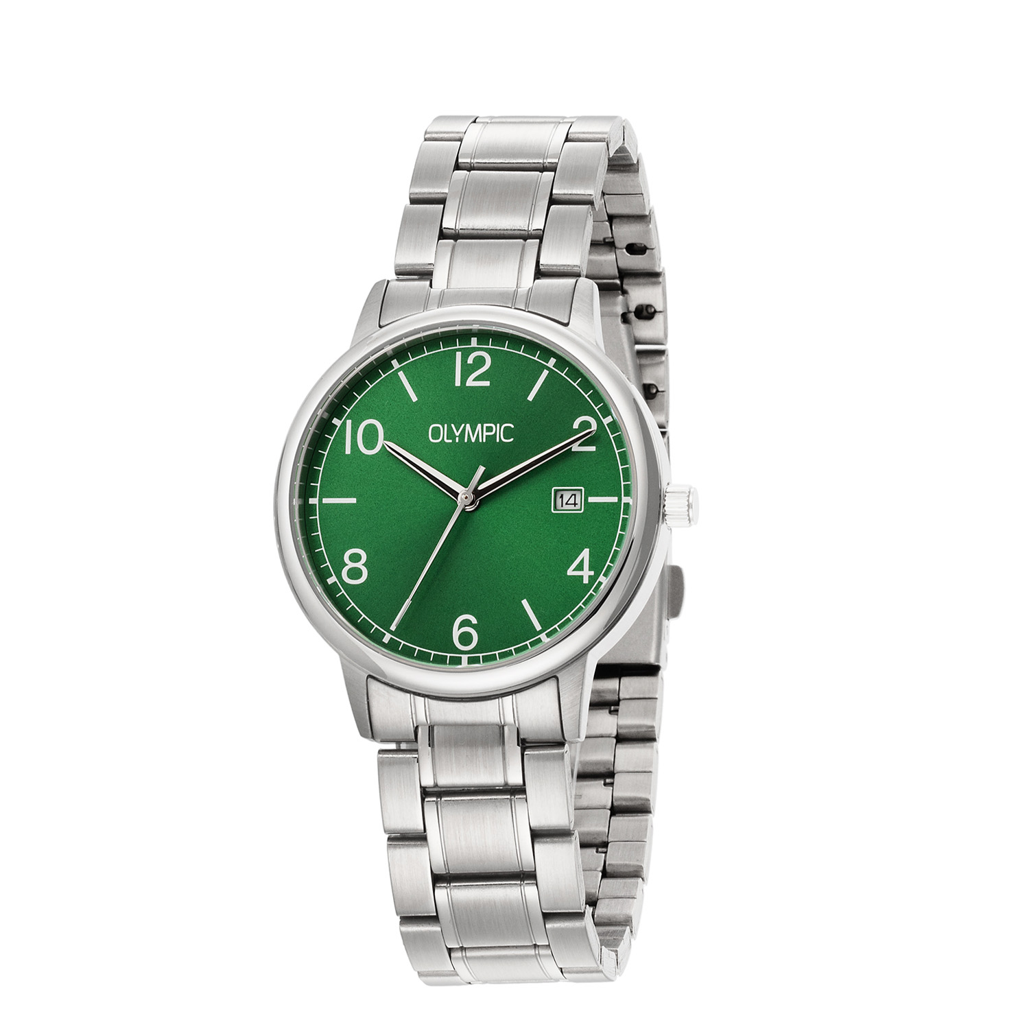 Dit unieke Olympic horloge met artikelnummer: OL80HSS003 is een herenhorloge met een classic sportieve uitstraling. Het horloge heeft een ronde stalen kast met een groene wijzerplaat met een datum. Aan de kast zit een stalen schakelband met vouwsluiting. Het horloge heeft een mineraalglas, een doorsnee van 37mm en is 5ATM.

100% Nederlands ontwerp, 5 ATM waterdicht en standaard 3 jaar fabrieksgarantie.

Specificaties:
- Ronde kast Ø 37mm
- Stalen horlogekast
- Groene wijzerplaat
- Stalen schakelband
- 5ATM 
- Standaard 3 jaar fabrieksgarantie
- Mineraalglas