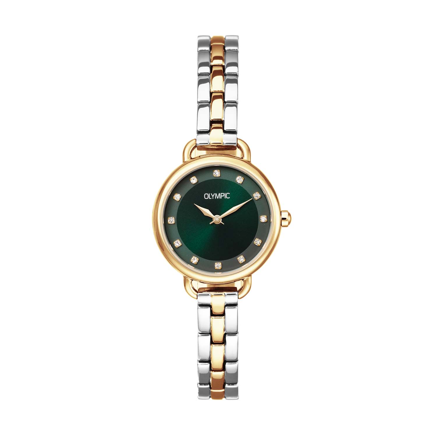 Dit unieke Olympic horloge met artikelnummer: OL82DSS001B is een dameshorloge met een chique uitstraling. Het horloge heeft een ronde stalen kast met een goudkleurige bezel, een groene sunray wijzerplaat met zirkonia als uursaanduiding en sierlijke wijzers. Aan de kast zit een stalen fijne bicolor schakelband met druksluiting. Het horloge heeft een mineraalglas, een doorsnee van 26mm en is 5ATM.