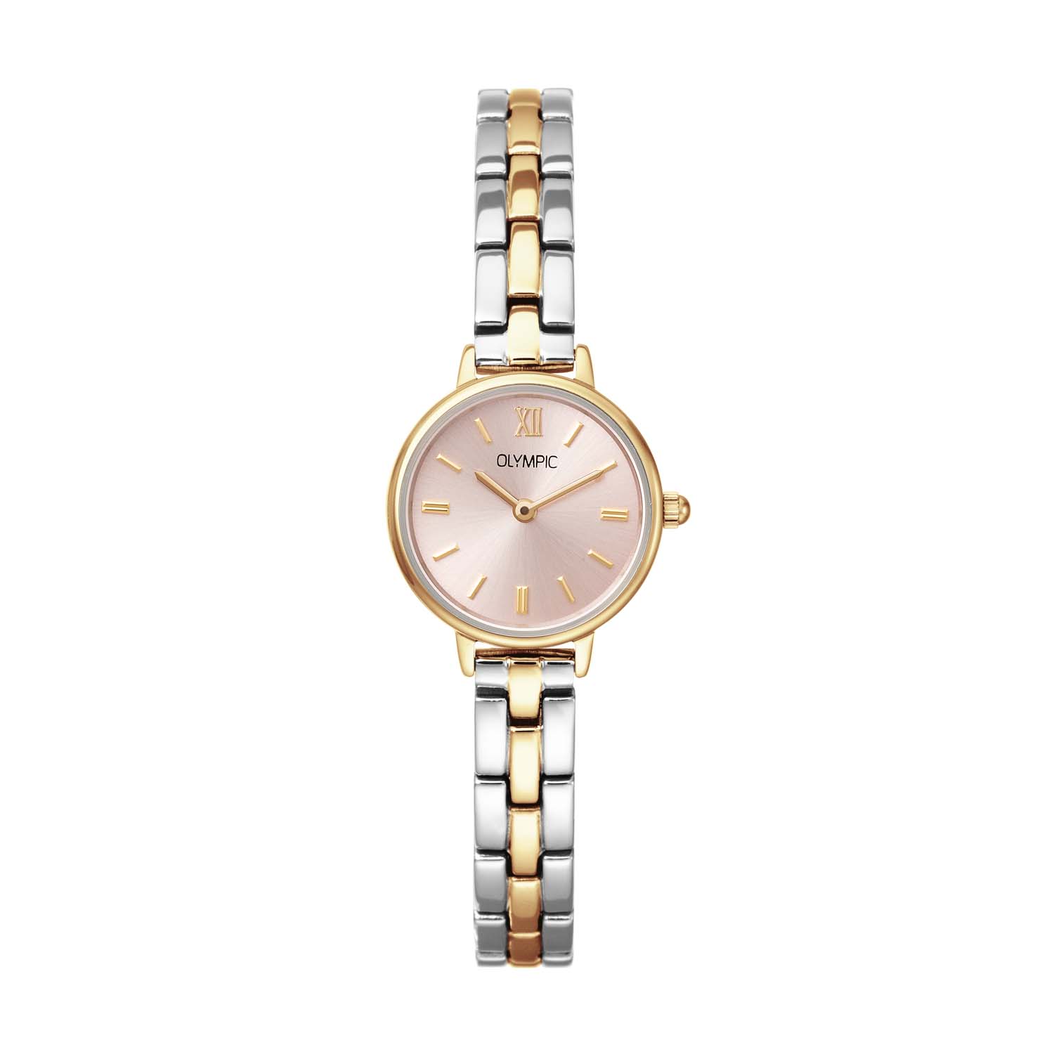 Dit unieke Olympic horloge met artikelnummer: OL82DSS003B is een dameshorloge met een chique uitstraling. Het horloge heeft een ronde stalen kast met een lichtroze wijzerplaat met fijne streepjes. Aan de kast zit een fijne stalen bicolor schakelband met druksluiting. Het horloge heeft een mineraalglas, een doorsnee van 22mm en is 3ATM.

De specificaties zijn als volgt:
Kast:
Kastmaat: 22.0 mm
Kastdikte: 7.0 mm
Kastmateriaal: Staal
Kastkleur: Zilverkleurig
Kastvorm: Rond
Wijzerplaatkleur: Roze

Band:
Bandbreedte (aanzetmaat): 8.0 mm
Bandmateriaal: Staal
Bandkleur: Zilverkleurig
Sluiting: Druksluiting

Overig:
Glasmateriaal: Mineraal
Tijdsaanduiding: Analoog
Type uurwerk: Quartz
Waterdichtheid: 3ATM