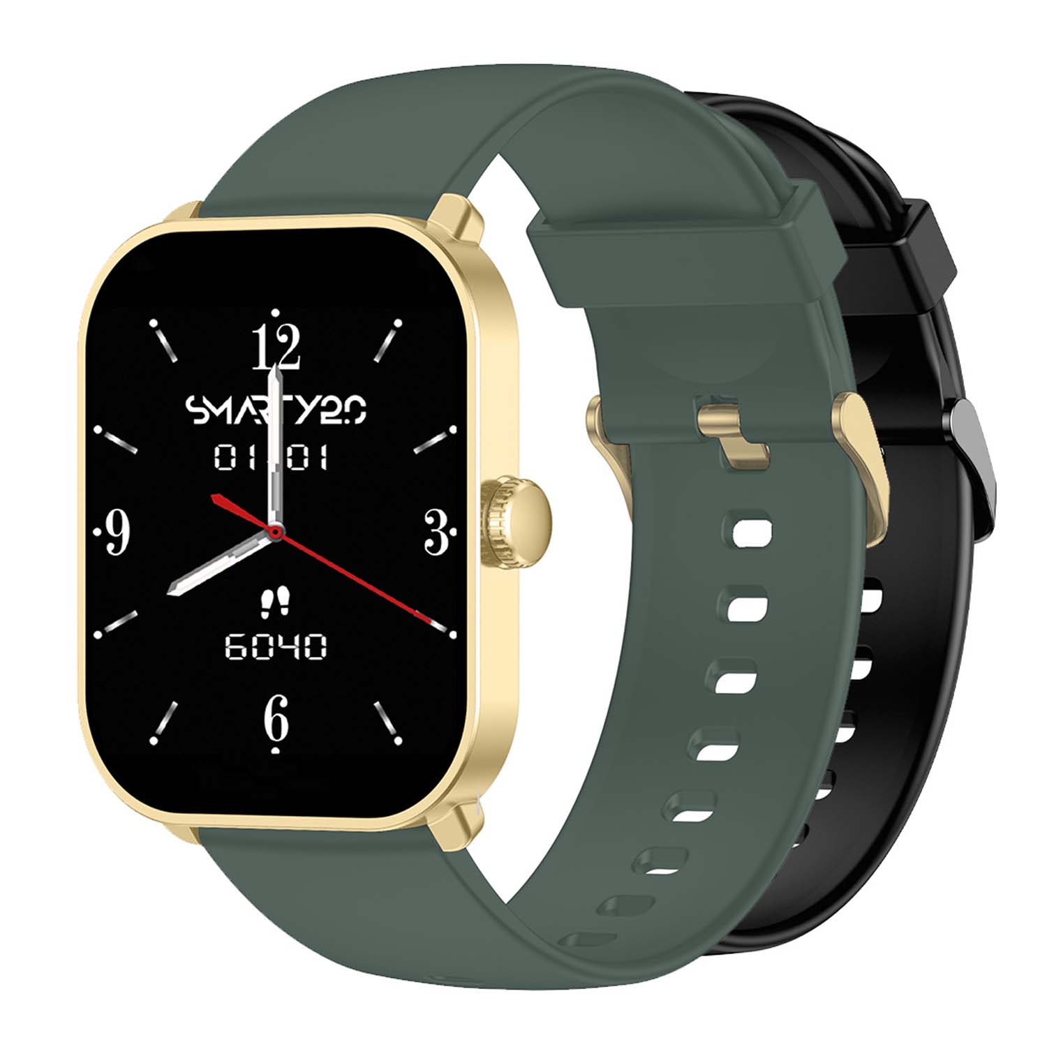 SMARTY2.0 SW070G Smartwatch Kunststof Siliconen 46,5x40,5mm
Dit Smarty Smartwatch horloge met nr: SW070G is een stap in de toekomst. Door zijn Amoled scherm is het beeld vele malen scherper en intenser. De goudkleurige kast is gemaakt van ABS kunststof met een gehard glas. Aan de kast zit een groene siliconen band met een gespsluiting. Het rechthoekige horloge heeft een afmeting van 46,5x40,5mm en is spatwaterdicht. Bij dit horloge krijg je een zwarte siliconen band extra. Deze smartwatch is sportief, stijlvol, maar zeker gebruiksvriendelijk. Om door apps, berichten en tekst te bladeren hoeft je alleen maar op het glas te tikken of de knop te gebruiken. Tevens heeft het een AI voice functie.

Merk:
SMARTY2.0
Smartwatches verbinden je met de wereld. 
SMARTY2.0 biedt een brede keuze aan vormen en functionaliteiten. Een ronde of rechthoekige smartwatch? Eentje voor de smalle pols? Een ladies watch of een kids watch?  SMARTY2.0 heeft het allemaal.
De keuze qua functionaliteiten is onuitputtelijk: bluetooth bellen, stappenteller, hartslag- en bloeddrukmeter,  meerdere verschillende sporttrackers, menstruatie en ovulatie herinneringen, ingebouwde GPS, vind mijn smartphone en heel veel meer. Maak je eigen keuze.
Iedere SMARTY werkt zowel met iOS als met Android en is moeiteloos via een QR-code te koppelen met iedere mobiele telefoon. Misschien wel dÃ© makkelijkste smartwatch voor iedereen.
SMARTY2.0 staat voor hoge kwaliteit in een betaalbaar prijssegment: â¬ 79 - â¬ 199.

Highlights:
- Geschikt voor Android en iOS  
- De Smartwatch heeft Bluetooth call 
- Hoge batterij efficientie
- 24 uur hartritme meting
- Bevat smart music en mini games
- Door de verschillende meters en tellers is het mogelijk om onder andere de hartslag, stappen, snelheid, slaap, luchtdruk, stress, hoogte- en diepte te meten
- D.m.v. de ingebouwde GPS, is het mogelijk om offline te navigeren en achteraf je route terug te kijken (zonder dat de telefoon in de buurt is)
- Stof,- Waterdichtheid: IP68