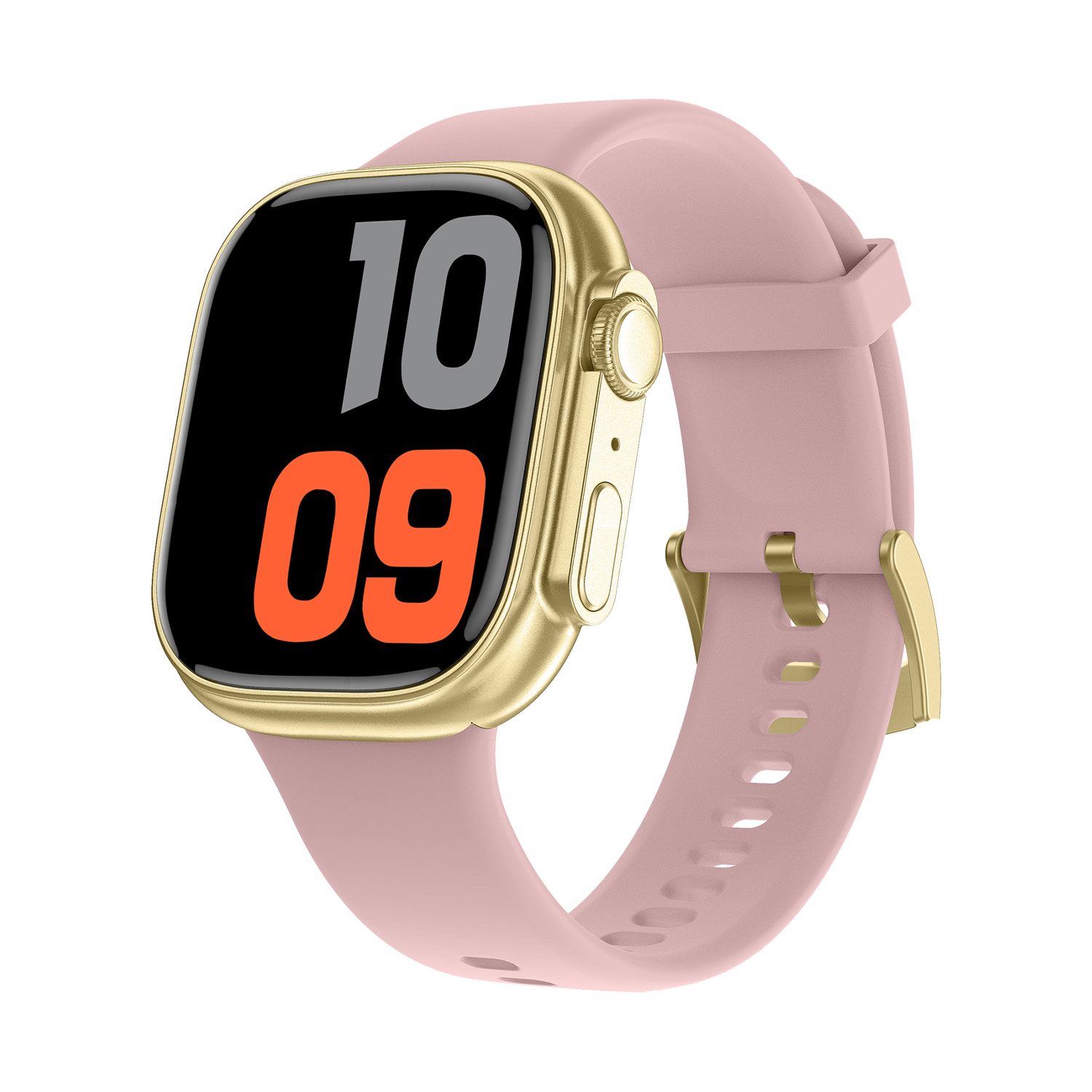 Smarty smartwatch horloge.
Het horloge heeft een goudkleurige rechthoekige kast met roze siliconenband.
Het horloge is te verbinden met de telefoon en is 3 ATM waterdicht.