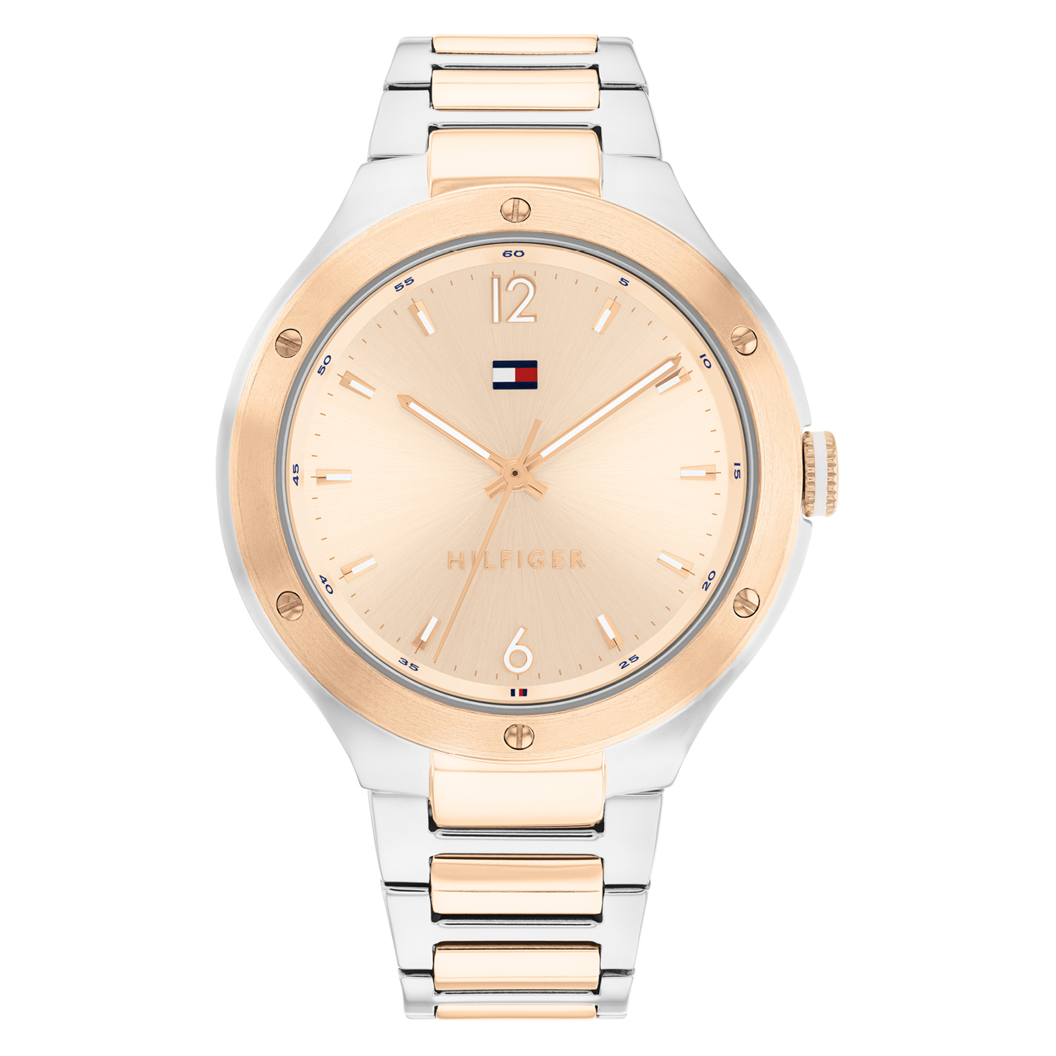 Tommy Hilfiger TH1782476 Horloge Dames Staal Bi-color Ros� 38mm
Dit unieke horloge van Tommy Hilfiger met artikelnr: TH1782476 is een casual horloge. Het stalen dameshorloge heeft een ronde zilverkleurige kast met een gladde ros�kleurige bezel met schroefjes. Op de ros�kleurige wijzerplaat zijn lumibrite streepjes en cijfers als uurs-aanduiding. Het horloge heeft een bi-color stalen schakelband met vouwsluiting een mineraalglas een doorsnee van 38mm en is 5 ATM.  Het horloge heeft een sportief chique uitstraling voor de echte Tommy klant.  

Het merk: 
Sinds de lancering van het merk in 1985 is Tommy Hilfiger wereldwijd bekend geworden als pionier van de klassieke Amerikaanse coole stijl. Ge�nspireerd door de iconische popcultuur en het Amerikaanse erfgoed. De dames en herencollectie van dit seizoen bestaan uit minimalistische silhouetten en rustieke lederen details. De herenhorlogecollectie biedt iconische uurwerken met roestvrijstalen lederen en siliconen banden.

Specificaties:
- Mineraalglas
- Ronde kast 38mm
- Zilverkleurige horlogekast
- Ros�kleurige wijzerplaat
- Bezel met schroefjes
- Bi-color schakelband 
- 5 ATM