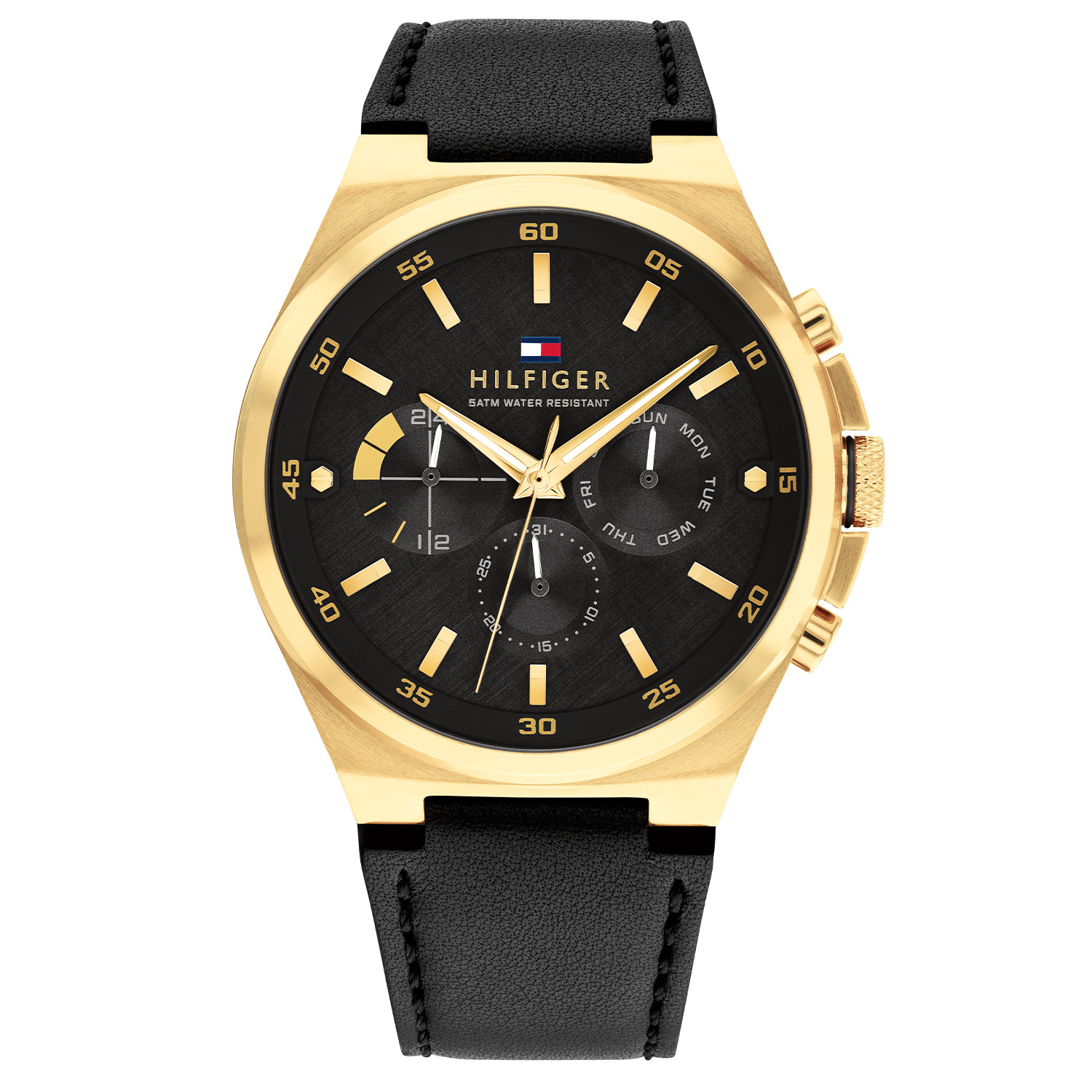 Tommy Hilfiger TH1792086 Horloge Heren Staal Goudkleurig 46mm
Dit specifieke horloge van Tommy Hilfiger uit de Dexter serie met artikelnr: TH1792086 is een casual herenhorloge die zeker in je collectie past. Het leren herenhorloge heeft een ronde stalen goudkleurige kast met een gladde bezel en een zwarte wijzerplaat met dag,- datum en 24-uursaanduiding en goudkleurige wijzers en accenten. De zwarte lerenband is op lengte verstelbaar en heeft een gespsluiting. Het horloge heeft een mineraalglas, een doorsnee van 46mm en is 5ATM. 

Het merk:
Sinds de lancering van het merk in 1985 is Tommy Hilfiger wereldwijd bekend geworden als pionier van de klassieke Amerikaanse coole stijl. GeÃ¯nspireerd door de iconische popcultuur en het Amerikaanse erfgoed. De dames en herencollectie van dit seizoen bestaan uit minimalistische silhouetten en rustieke lederen details. De herenhorlogecollectie biedt iconische uurwerken met roestvrijstalen, lederen en siliconen banden.

Specificaties:
- Mineraalglas
- Ronde kast 46mm
- Goudkleurige horlogekast
- Zwarte wijzerplaat
- Zwarte lerenband 
- 5ATM