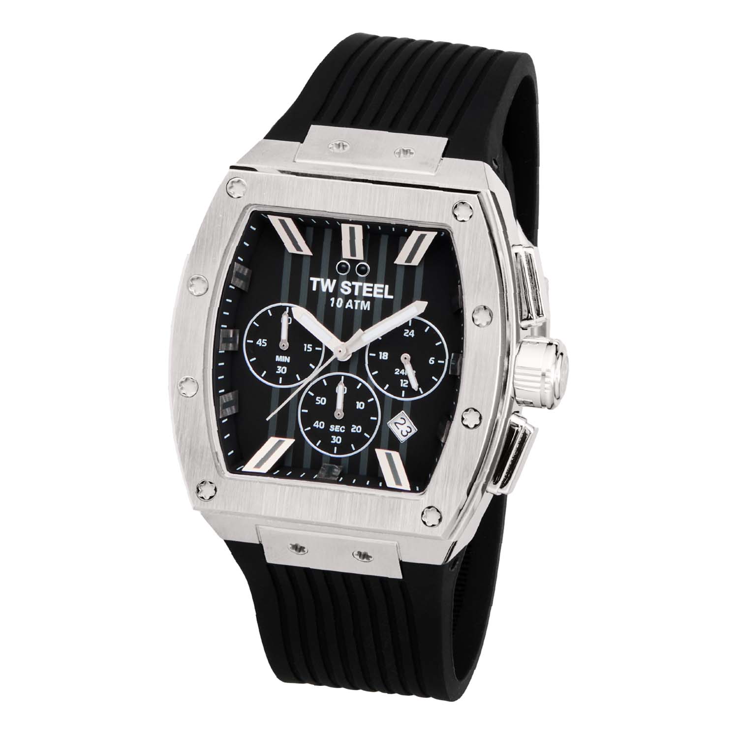 TW Steel TWTO1 Tonneau Heren Chronograaf Horloge

- Behuizing gemaakt van staal, in de kleur zilver
- Horlogeband gemaakt van silicone, in de kleur zwart, met vlinder- of vouwsluiting
- Quartz uurwerk, werkt op batterijen
- Chronograaf functie, met stopwatch
- Datum weergave
- Voorzien van mineraalglas
- 10 ATM waterdicht, geschikt om mee te zwemmen.
- Breedte van de behuizing is 42 mm

Wordt geleverd in originele TW Steel horlogedoos en 3 jaar officiële garantie.