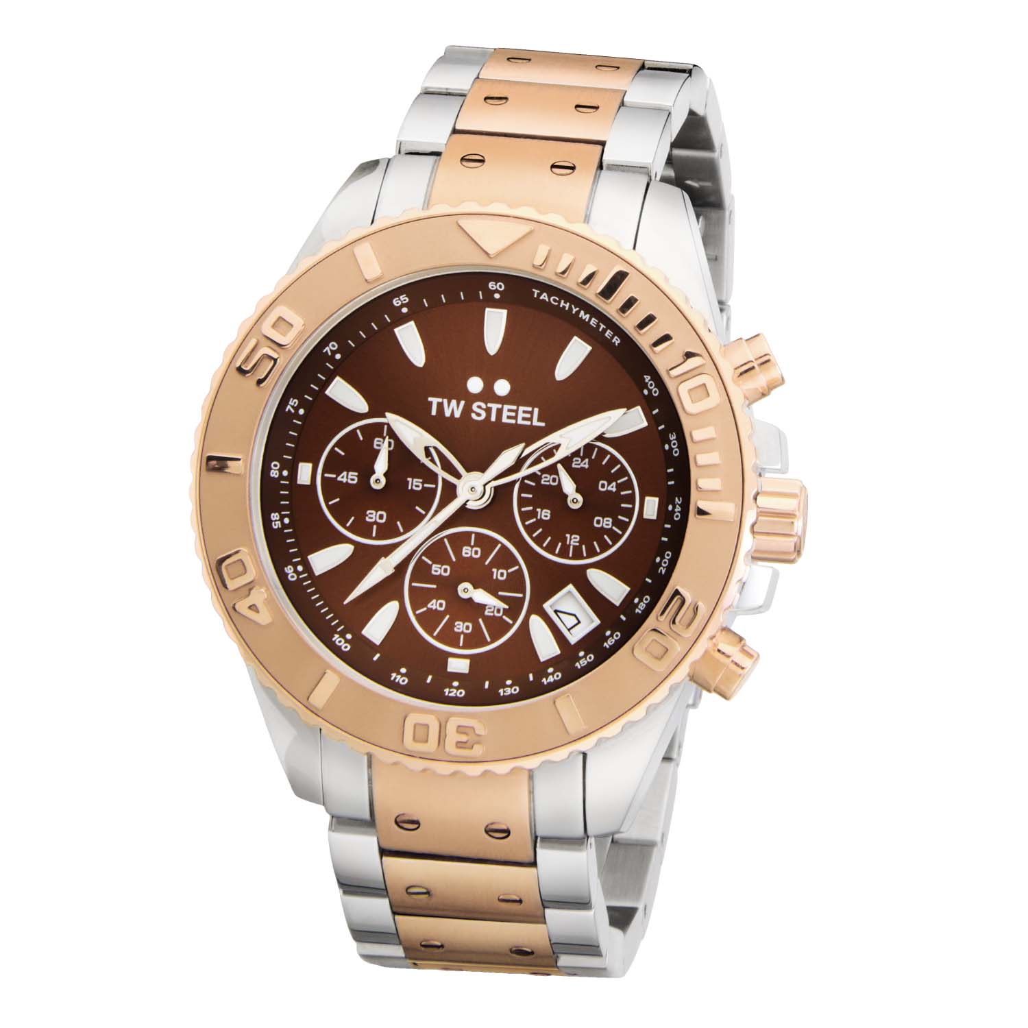 TW Steel Vanceur Diver TWVA7 Staal 42mm
Deze TW steel uit de Vanceur Diver serie met nr TWVA7 wil je zeker in je collectie hebben. De TWVA7 valt op door zijn ronde stalen kast met een rosékleurige gekartelde bezel met tachymeter en de rosékleurige knoppen en schroefkroon. Het stoere horloge heeft een bruine wijzerplaat met een datum en een chronograaf. De wijzers en uursaanduiding zijn ingelegd met lumibrite. Aan de stalen kast zit een opvallende stalen bicolor schakelband met vouwsluiting. Het horloge heeft wereldwijde garantie van 2 jaar en is 10ATM. Een casual model.

Het Merk:
TW Steel is een Nederlands horlogemerk. Groot in visie en ongeëvenaard in stijl. Sinds onze oprichting in 2005 geven wij tijd een nieuwe dimensie. Met karakteristieke designs stappen wij af van de gebaande paden.
Ons bereik is wereldwijd, of het nu zakelijk, casual of sportief is, bij de horloge collectie van TW Steel gaat het om kwaliteit en precisie. Een horloge dat je persoonlijkheid onderstreept is altijd binnen handbereik. Vorm en functie gaan samen in onze horloges van Zwitserse top kwaliteit. De kunst om je te onderscheiden vergt zelfvertrouwen en lef.
TW Steel is niet zomaar een horloge, TW Steel is een statement.

Specificaties:
- Ronde horloge kast 42mm
- Bruine wijzerplaat 
- Stalen schakelband
- Gehard mineraalglas
- Schroefkroon
- 10ATM