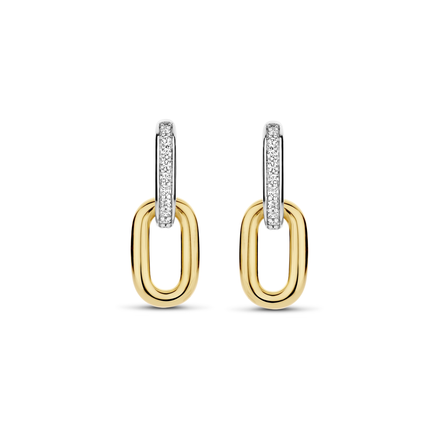  Deze oorbellen zijn vakkundig vervaardigd van 925 sterling zilver en geplateerd in platina voor blijvende schittering. Ze tonen twee ovale hoepels versierd met een oogverblindende pavé van witte zirkonia-stenen. Aan elke hoepel hangt een delicate, geelgouden schakel, die een vleugje luxueuze weelde aan het ontwerp toevoegt. 