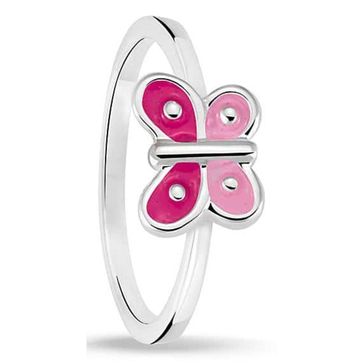 Lieve zilveren kinder ring met een roze vlinder erop in maat 48