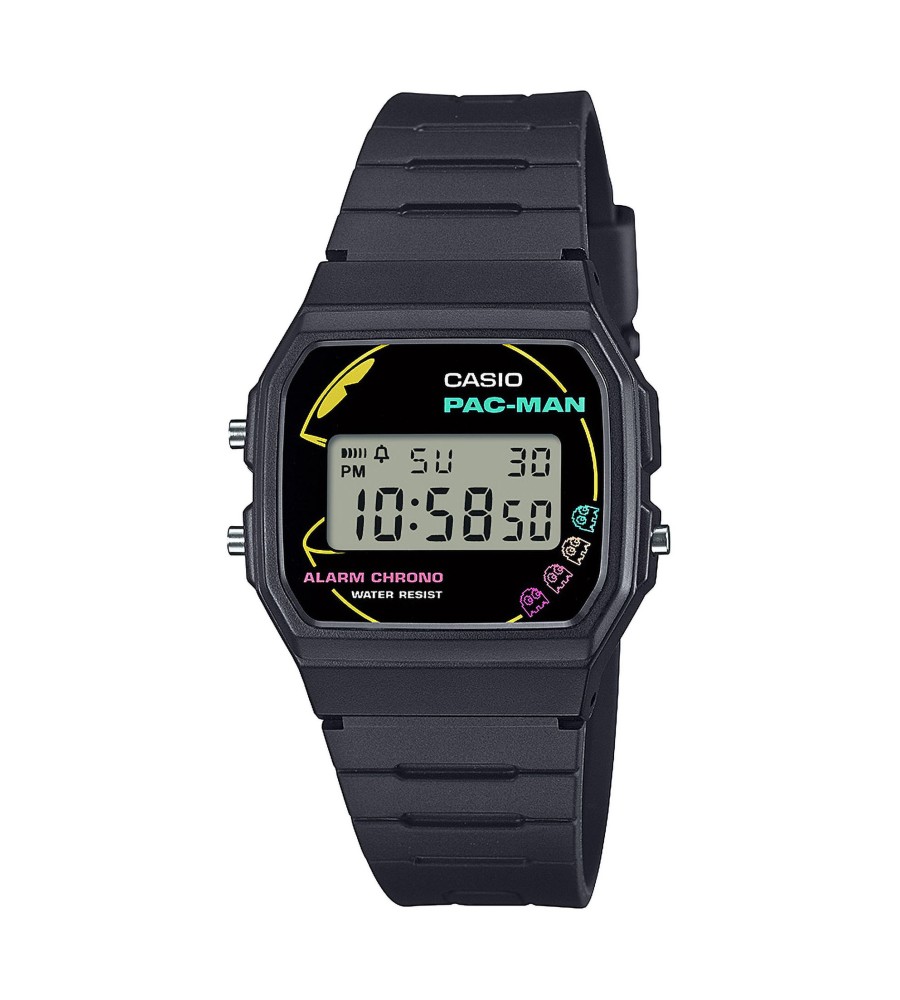 We presenteren een hele collectie speciale samenwerkingen om dit jaar 50 jaar Casio-horloges te vieren en je klaar te stomen voor de 45e verjaardag van PAC-MAN volgend jaar. Met speelse ontwerpen en een nostalgisch tintje brengt deze line-up de wereld van PAC-MAN, het immer populaire spel van Namco Bandai Entertainment, tot leven.
Een opvallende lay-out met PAC-MAN en de vier GHOSTS (Blinky, Pinky, Inky en Clyde) en een palet van levendige neonkleuren geven het ontwerp een popgevoel. ""WAKA WAKA"" - het geluid van PAC-MAN die koekjes eet - wordt gespeld op de bandlus voor een extra speels tintje. De achterkant van de kast is ook gegraveerd met het karakter en logo van PAC-MAN. De band is gemaakt van hars van biologische oorsprong om de impact op het milieu te verminderen. Wordt geleverd in een speciale verpakking met neonontwerp.

PAC-MAN™& ©Bandai Namco Entertainment Inc.