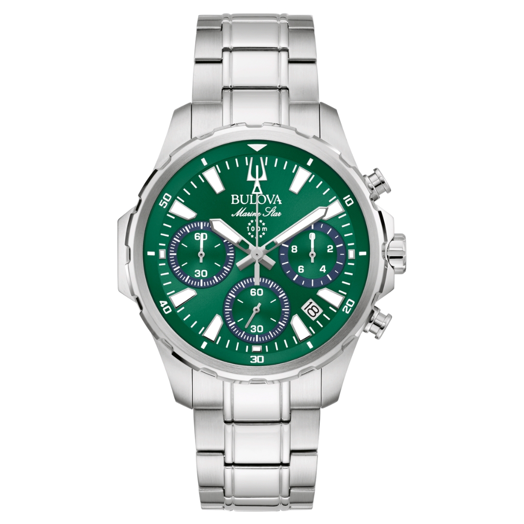 Bulova - Staal heren horloge met chronograaf, groene wijzerplaat, 100 meter WR, Saffierglas - 96B465